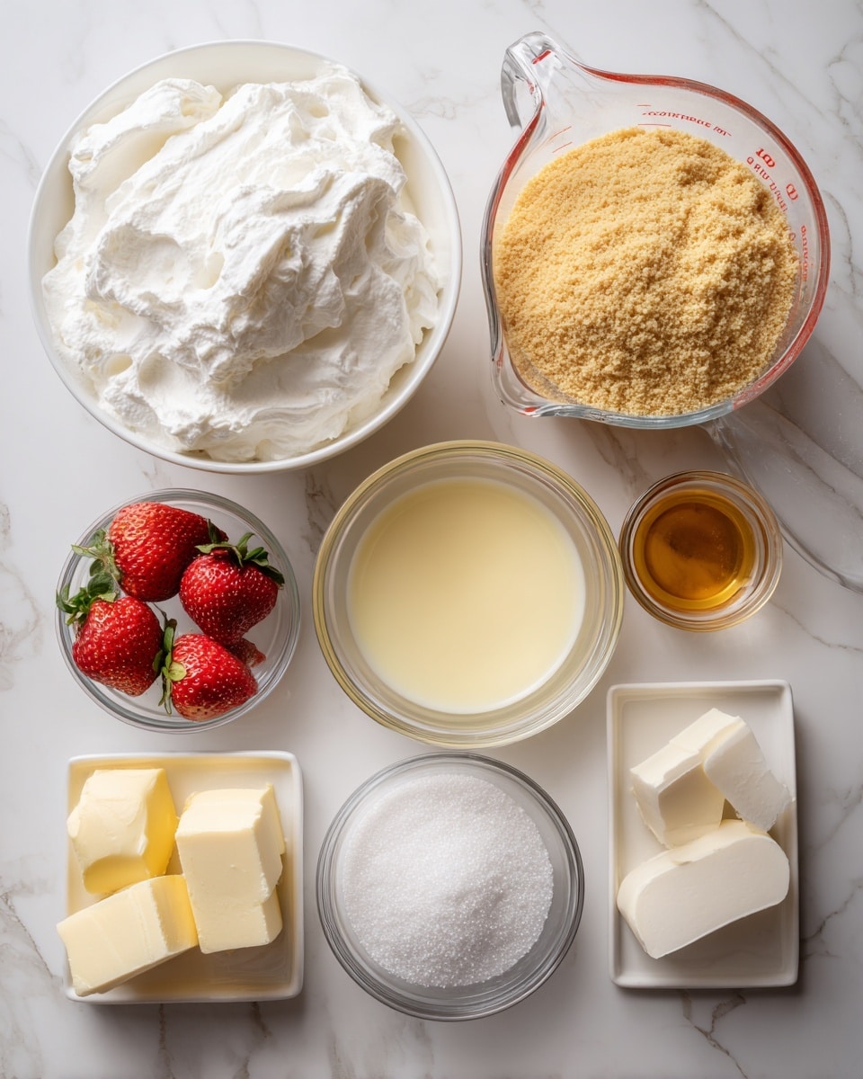 The image shows ingredients for making a dessert, arranged on a white marbled surface. There is a large white bowl filled with fluffy, white whipped topping at the top left. To the top right, a clear measuring cup holds a thick layer of golden brown graham cracker crumbs. Below that is a glass bowl of pale yellow lemonade concentrate. In the center, a partially opened can reveals a smooth off-white condensed milk. A small clear bowl below the condensed milk contains four chunks of light yellow butter. To the right of the butter is a small white square dish filled with fine white sugar. At the bottom left, there are three fresh red strawberries with green tops. Lastly, to the bottom right, a small white square dish holds a layer of golden brown vanilla extract. Photo taken with an iphone --ar 4:5 --v 7