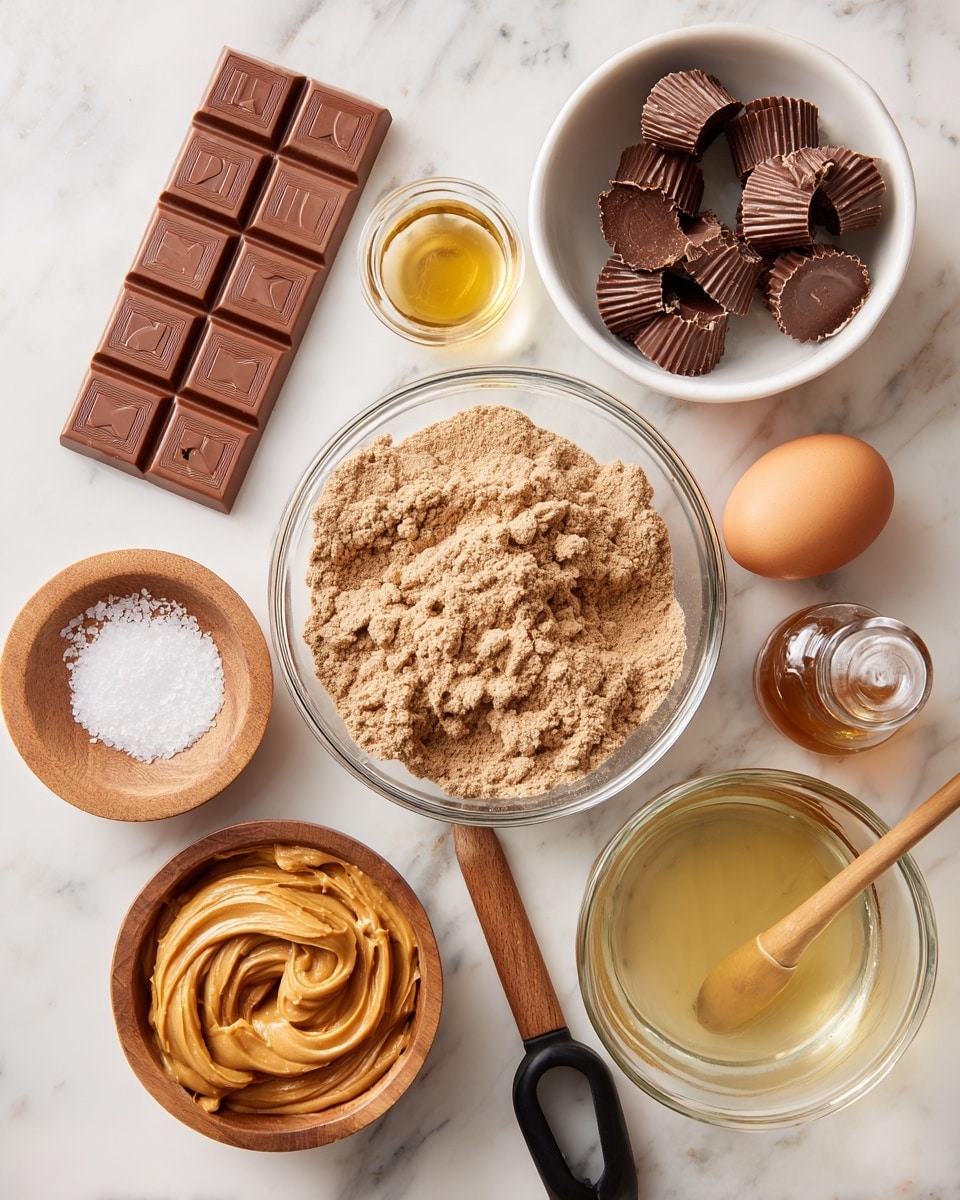 A top-down view shows several ingredients arranged on a white marbled surface. At the bottom center is a clear glass bowl filled with light brown powder labeled