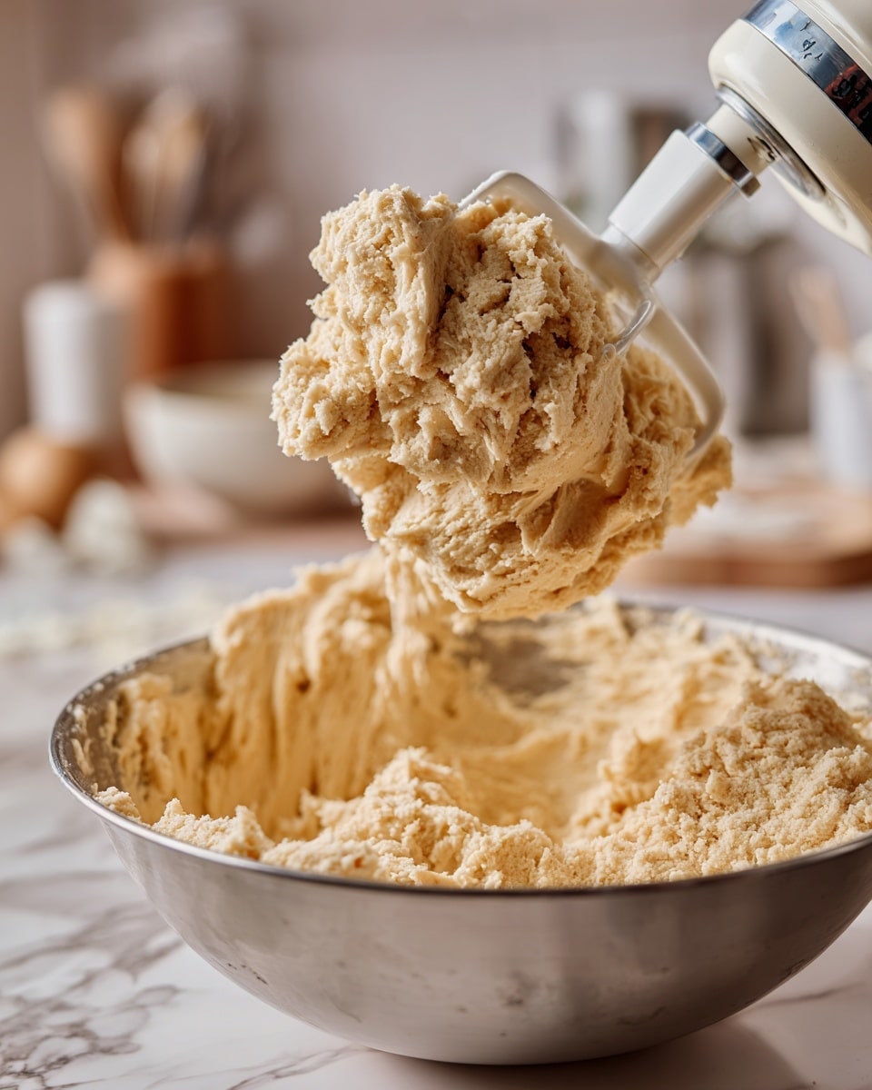 The image shows thick, pale beige dough clinging to a white mixer paddle attachment, which is raised above a silver metal bowl holding the rest of the dough inside. The dough looks soft and slightly crumbly with an uneven texture. The background around the bowl shows a white marbled surface with some other kitchen items blurred in the back. photo taken with an iphone --ar 4:5 --v 7
