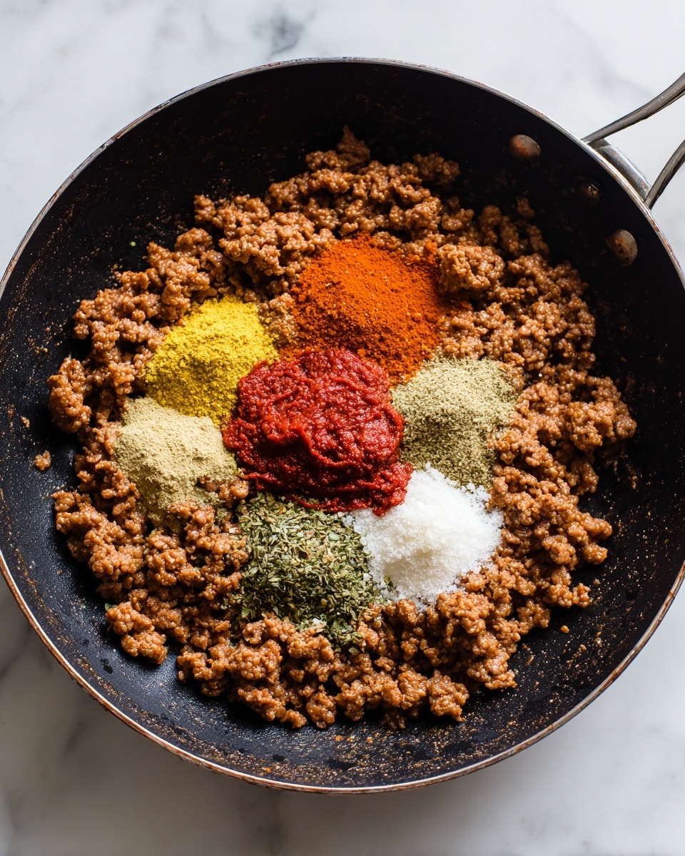 The image shows a black frying pan filled with cooked ground meat in a loose texture, spread evenly across the pan's surface. On top of the meat, several spices and seasonings are scattered in small piles: a bright red dollop of thick tomato paste sits near the center, surrounded by light yellow, bright yellow, white, and green powdered spices. These spices provide a colorful contrast to the brown meat beneath. The pan has a slightly rough surface, and the edges of the pan are visible. The background is changed to a white marbled texture. Photo taken with an iphone --ar 4:5 --v 7