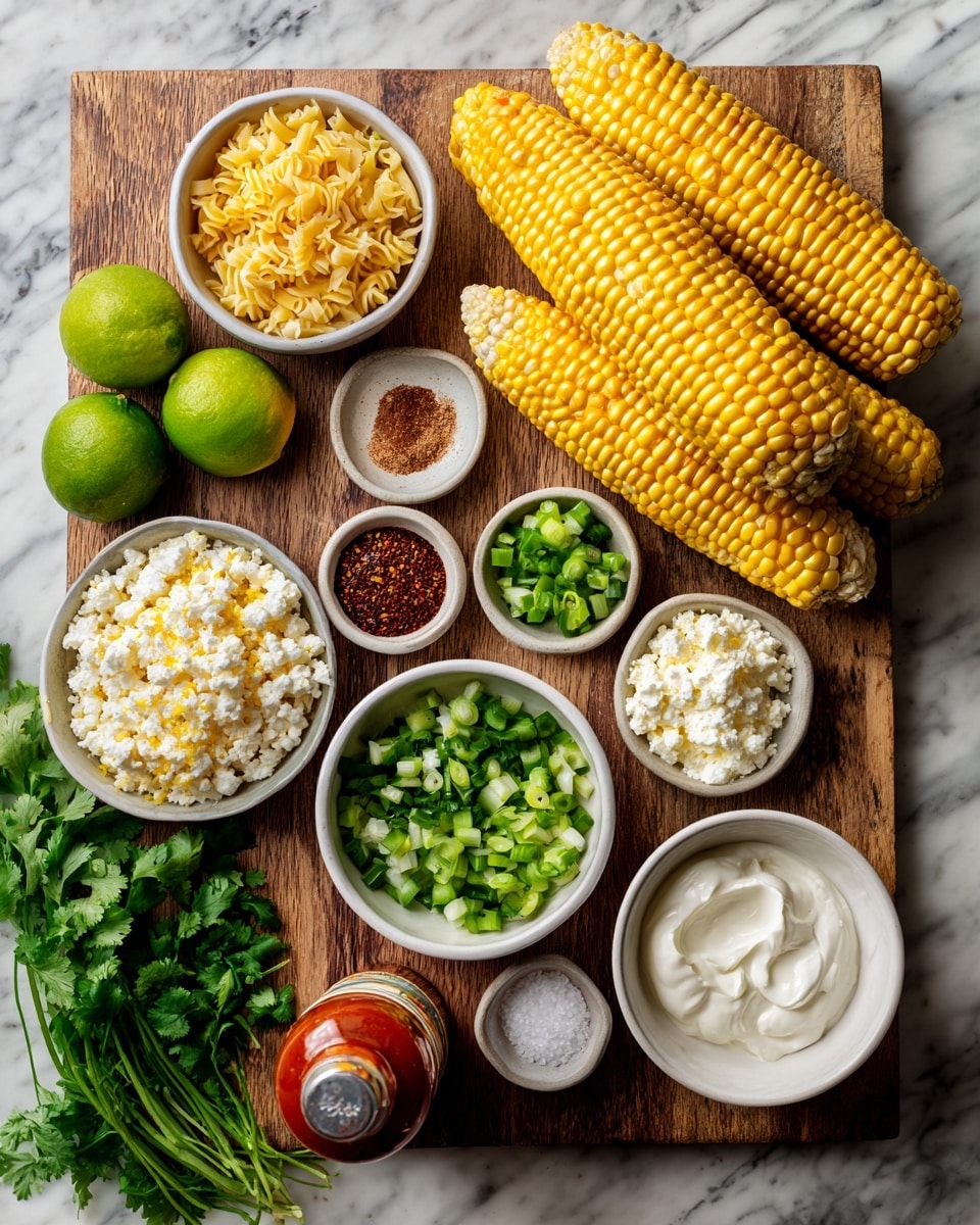 The image shows various ingredients arranged neatly on a wooden surface with a white marbled texture. There are four whole yellow corn ears stacked in the top right. Below and around them, small white bowls hold yellow pasta, white crumbly cheese, chopped green bell peppers, sour cream, and mayonnaise. Two small white bowls near the top contain brown and red spices. Two halved limes with a fresh green color are placed in the center left. A small bottle of hot sauce is at the bottom center. There is also a small bowl with chopped green onions, a small bowl of salt, a small bowl of black pepper, and fresh cilantro sprigs near the bottom right. photo taken with an iphone --ar 4:5 --v 7