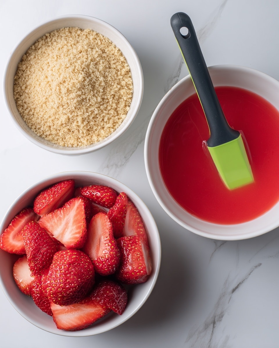 The image shows three separate white bowls on a white marbled surface. The first bowl contains a single layer of crushed cookie crumbs in a pale beige color, spread evenly. The second bowl holds a bright red smooth liquid with a green and black spatula resting inside. The third bowl is filled with fresh, halved strawberries, vibrant red with visible seeds and juicy texture. Photo taken with an iphone --ar 4:5 --v 7