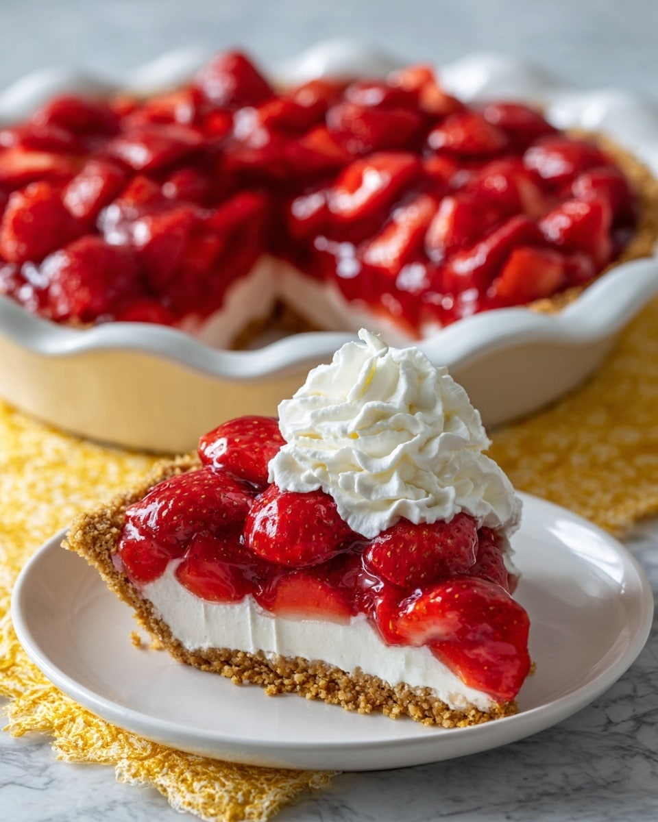 The image shows a strawberry pie with three visible layers: a light brown crumbly crust at the bottom, a thick layer of bright red strawberries coated in shiny red glaze in the middle, and a big dollop of white whipped cream on top. The pie is in a white ceramic dish. A slice of the pie is served on a white plate in the foreground with a generous swirl of white whipped cream on top. The surface underneath is a yellow textured cloth on a white marbled texture. The colors are vibrant with a focus on red and white. Photo taken with an iphone --ar 4:5 --v 7