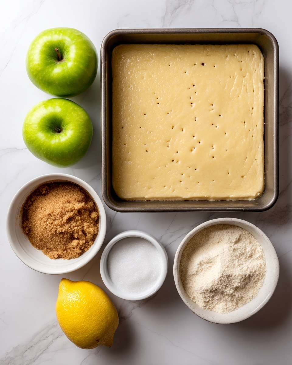The image shows a square crust layer in a baking pan, light golden with small fork holes across the surface, resting on a white marbled background. Next to it are three green apples with smooth skin, a bright yellow lemon, and a white small bowl filled with brown sugar. There is also a small container of cinnamon and a white bowl with a crumbly mixture of brown sugar, white sugar, butter, and flour. The items are neatly arranged and labeled with bold brown text indicating ingredients for crust, filling, and topping. Photo taken with an iphone --ar 4:5 --v 7