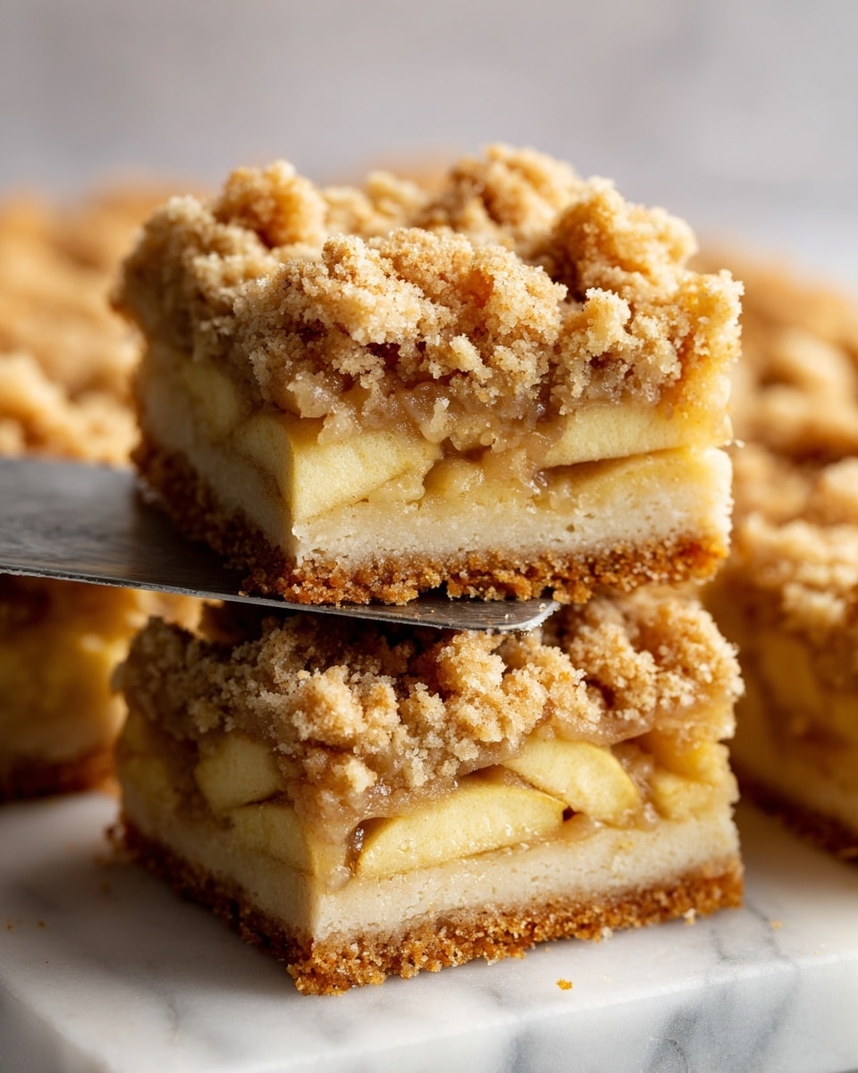 A close-up of a slice of crumb cake with three distinct layers: the bottom layer is a pale, dense cake base, the middle layer shows thinly sliced apple pieces with a slightly light brown tint, and the top layer consists of a crumbly, golden-brown streusel topping with a rough texture. The slice is being lifted on a metal spatula above more crumb cake pieces on a white marbled surface. Photo taken with an iphone --ar 4:5 --v 7