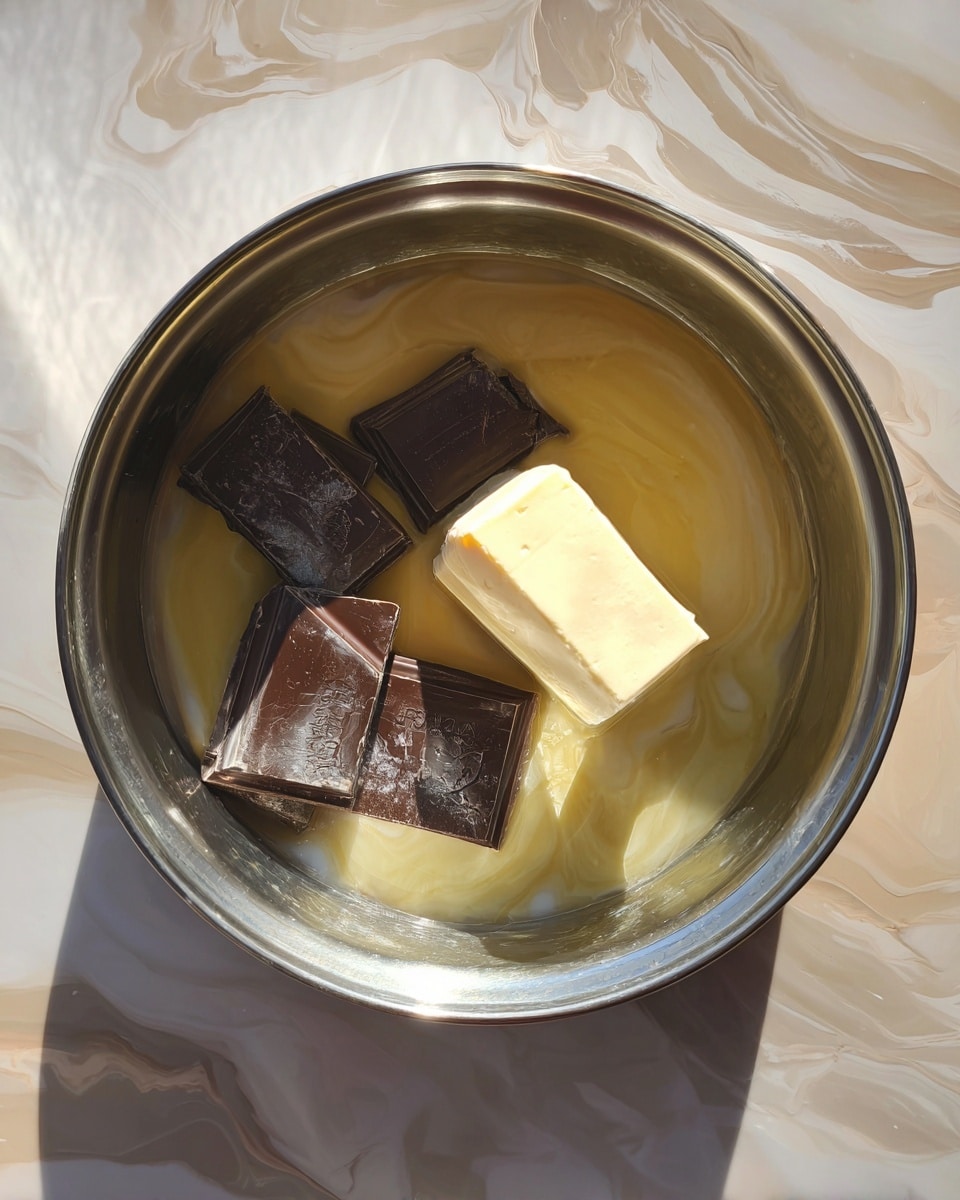 A silver pot with a few pieces of dark chocolate broken into squares lying at the bottom, surrounded by a light yellow creamy liquid. On top of the chocolate, there is a single, thick cube of pale butter. The pot rests on a surface with a white marbled texture. photo taken with an iphone --ar 4:5 --v 7
