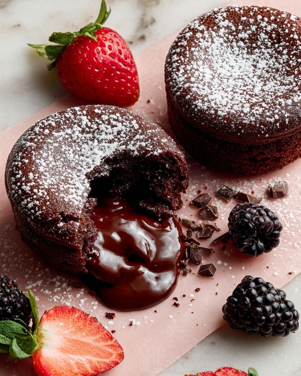 Two dark brown round chocolate cakes dusted with white powdered sugar sit on a light pink paper over a white marbled surface. One cake is whole near the top right, while the other is broken open near the bottom left, revealing thick, melted dark chocolate oozing out from inside. Around the cakes, there are fresh fruit accents: one halved bright red strawberry with green leaves above the broken cake, another halved strawberry below it, and three shiny black blackberries near the bottom. Small dark chocolate shavings are scattered around, adding texture to the scene. Photo taken with an iphone --ar 4:5 --v 7