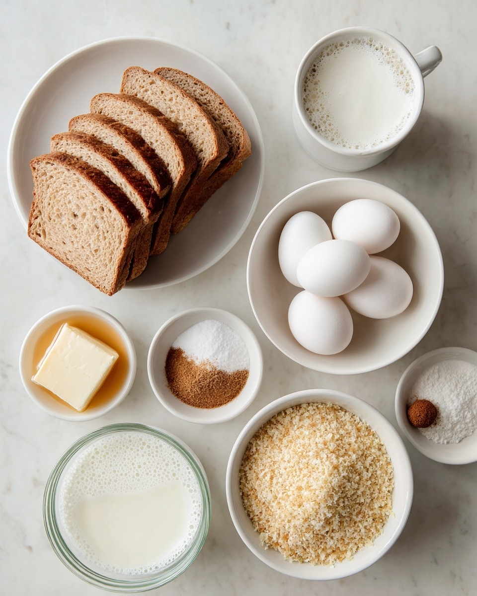 The image shows eight white bowls and plates on a white marbled surface, each holding different ingredients. At the top center, a white plate holds several slices of light brown bread stacked leaning back. To the right, a white bowl contains four whole white eggs. Below the bread and eggs, three small white bowls hold white sugar, light brown cinnamon powder, and a small piece of pale yellow butter respectively. To the left, a white cup is filled with white milk that has a frothy surface. At the bottom left, a small glass bowl contains a small amount of golden vanilla liquid. Finally, at the bottom center, a larger white bowl is filled with light tan panko breadcrumbs. The setup is neat and evenly spaced, with natural lighting highlighting the textures and colors of the ingredients, photo taken with an iphone --ar 4:5 --v 7