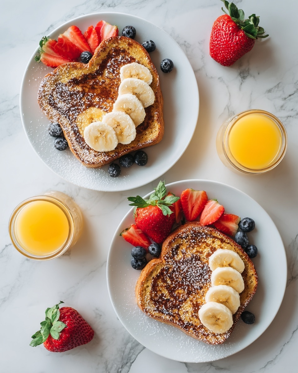 Two white round plates sit on a white marbled surface, each holding two brown slices of French toast dusted lightly with powdered sugar. The toast on both plates is garnished with slices of yellow banana and red strawberry wedges, along with small, round, deep blue blueberries scattered on and around the toast. Bright red strawberries, whole with green leaves, are placed on the edges of each plate. Near each plate is a small clear glass jar filled with light orange juice. The scene is bright and airy, showing a fresh breakfast setup. Photo taken with an iphone --ar 4:5 --v 7