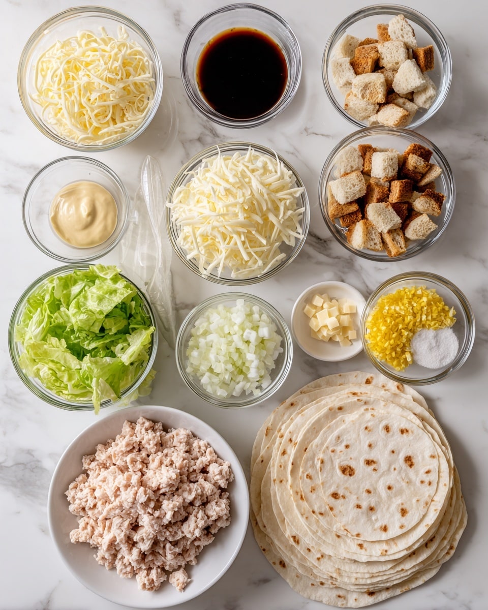 The image shows several small clear glass bowls and one white bowl arranged neatly on a white marbled surface, each containing different ingredients for a recipe. At the center, there is a white bowl with ground chicken, light pink in color and soft texture. Surrounding it are bowls with shaved parmesan, light yellow and thinly sliced; grated parmesan, finely shredded and white; worcestershire sauce, dark brown and liquid; dijon mustard, smooth and pale beige; mayonnaise, creamy and off-white; cubed croutons in shades of brown and crispy-looking; chopped onions, white and finely diced; minced garlic, light beige and small pieces; butter, pale yellow and shredded; lemon zest, bright yellow and finely grated; chopped romaine lettuce, green and crisp. There is also a stack of white tortillas with brown spots and a neat pile of pale yellow provolone cheese slices, smooth and round, placed at the bottom right. All items are arranged in a clean, organized manner on a white marbled background. Photo taken with an iphone --ar 4:5 --v 7