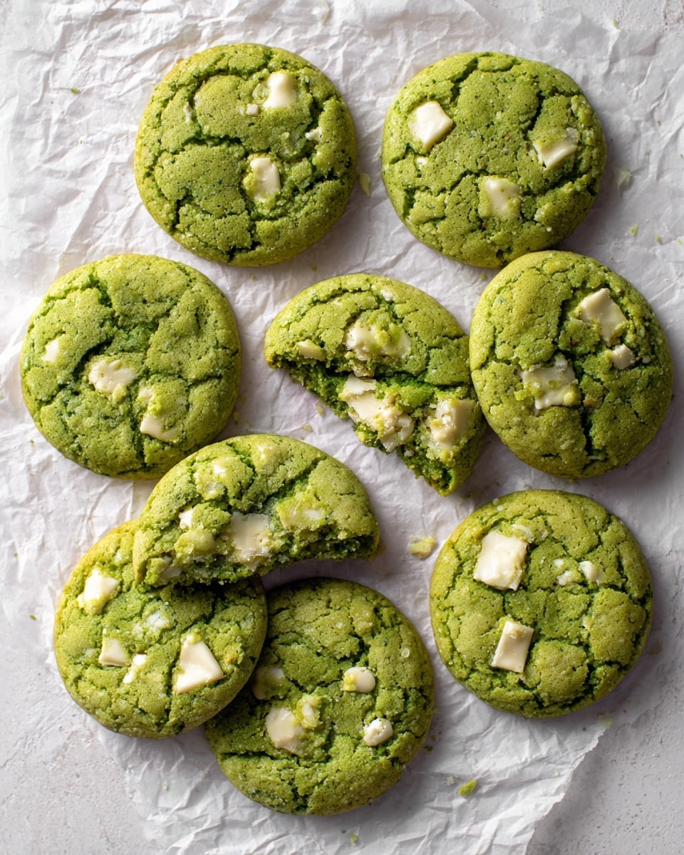 This image shows nine green cookies with white chocolate chunks, arranged on crinkled white parchment over a white marbled surface. One cookie in the center is broken in half, showing a soft green inside with melted white chocolate pieces. The surface of the cookies looks cracked and slightly shiny. The cookies are round, slightly thick, and evenly spaced in a loose circle pattern. Photo taken with an iphone --ar 4:5 --v 7