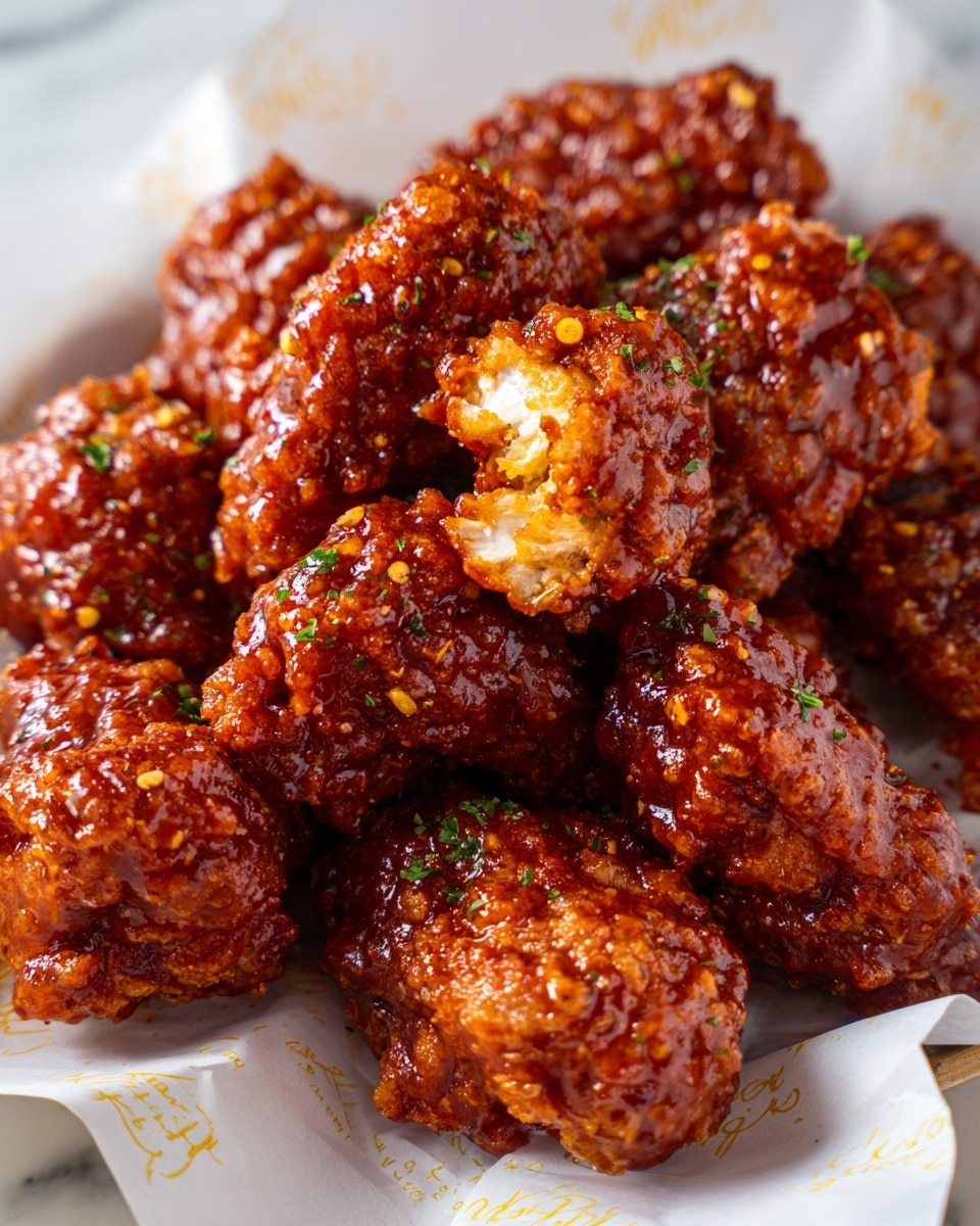 A clear glass bowl filled with many pieces of fried chicken wings coated in a shiny, reddish-brown sticky sauce with visible small bits of garlic and spices on top; the chicken pieces have a crispy texture under the sauce and are piled closely together, with a pair of gray tongs partially inserted into the bowl on the right side, all placed on a white marbled surface. photo taken with an iphone --ar 4:5 --v 7