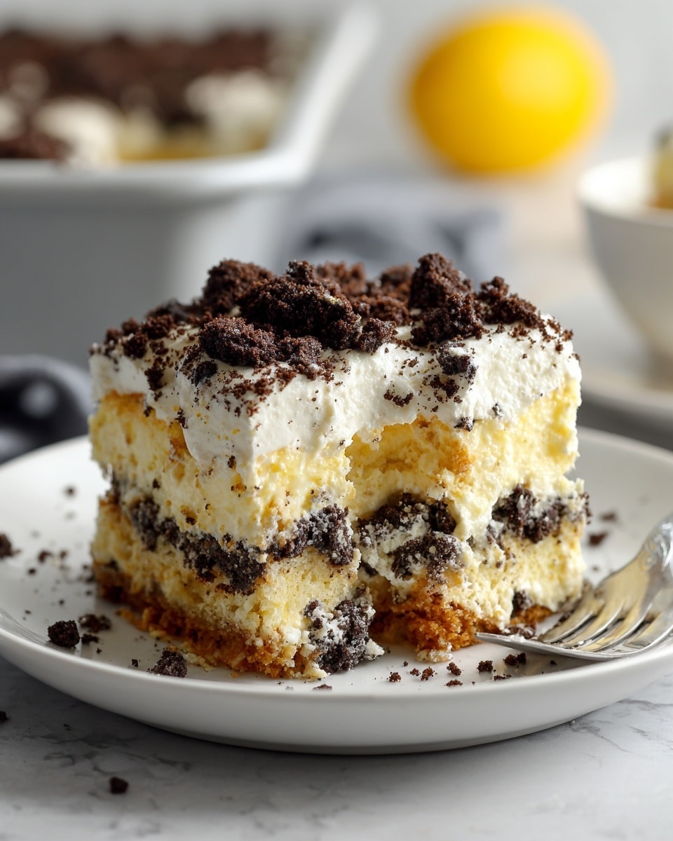 A close-up view of a broken piece of cake on a white plate, showing its thick layers. The cake has a soft, light yellow inside with dark brown pieces of what looks like cookie crumbs mixed in and scattered on top. The top layer is covered with white cream and more crushed dark brown cookie crumbs, giving it a rough texture. The background shows a blurred baking pan and a bright yellow object, with the surface changed to a white marbled texture. photo taken with an iphone --ar 4:5 --v 7