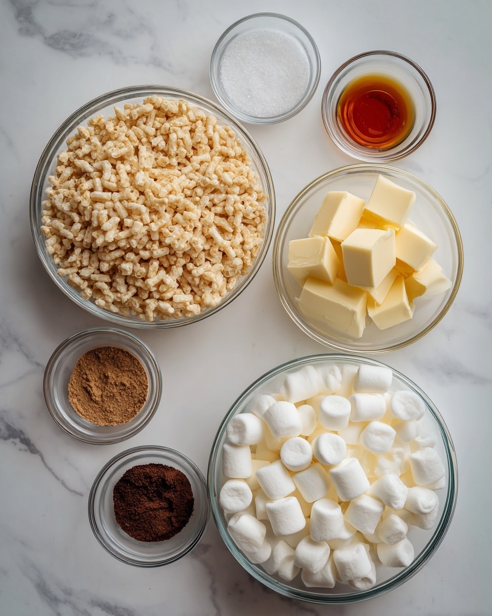 The image shows six glass bowls with ingredients placed on a white marbled surface. The largest bowl on the bottom right is filled with small, white mini marshmallows that look soft and puffy. To the left of this, another large bowl holds light brown Rice Krispie cereal made of small, puffed rice pieces. Above these bowls are three small glass bowls arranged in a row: the left one contains white salt, the middle one holds dark brown cinnamon powder, and the right one has amber-colored vanilla extract. A medium bowl to the right of the rice cereal has yellow cubes of butter neatly cut into small pieces. photo taken with an iphone --ar 4:5 --v 7
