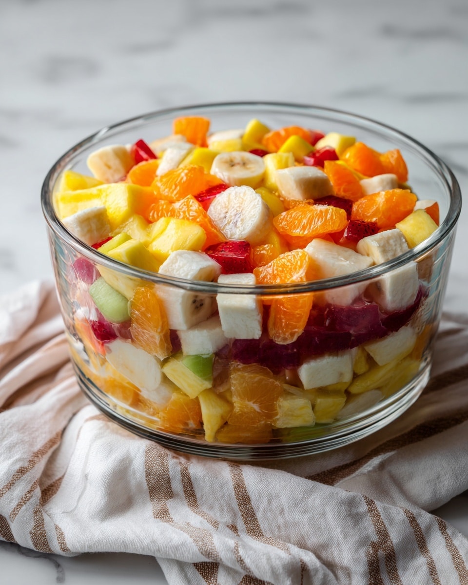 The image shows a white bowl filled with a colorful fruit salad placed on a white marbled surface. The bowl contains several layers of fruit: at the bottom, there are pale yellow apple pieces and orange and yellow orange segments arranged loosely. On top of the fruit, there is a large swirl of white whipped cream, fluffy and light in texture. A bright red cherry sits near the edge of the whipped cream, adding a pop of color. The background includes a blurred view of another bowl with similar fruit and a yellow and white striped cloth. The scene is bright and fresh, with soft natural light highlighting the textures and colors of the fruit and whipped cream. photo taken with an iphone --ar 4:5 --v 7