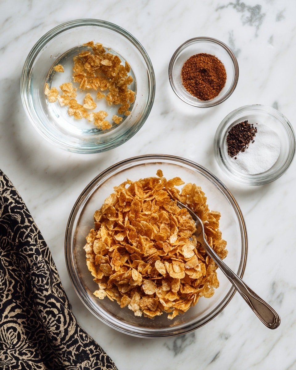 The image shows three clear glass bowls on a white marbled surface. The largest bowl at the bottom center is filled with a mixture of crushed light brown cornflakes, with a silver fork resting on the right side of the bowl. Above it, to the left, is a smaller bowl with a small amount of crushed cornflakes in water, which looks clear and slightly bubbly. To the right of this bowl is another small bowl containing two small piles of spices: one dark brown and one white. A black and white patterned cloth is partially visible at the bottom left corner. Photo taken with an iphone --ar 4:5 --v 7
