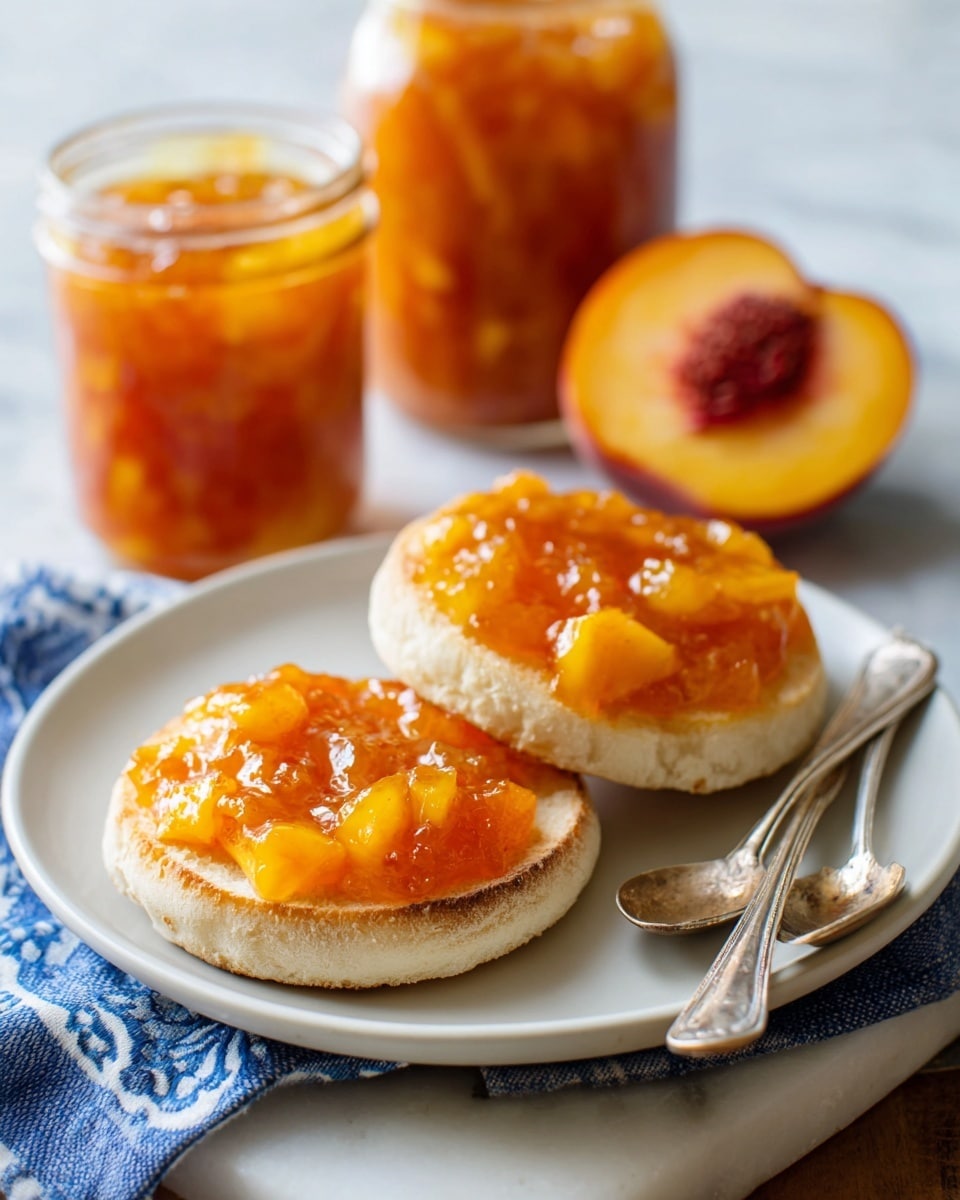 Two halves of a toasted English muffin sit on a white plate, each topped with a thick layer of bright orange peach jam with visible peach chunks. In the background, a white marbled surface holds two open glass jars of the same jam, and a halved peach with vibrant orange flesh and reddish skin rests nearby. A blue and white cloth and two silver spoons are placed in the front lower corner. The scene is lit warmly and closely focused. photo taken with an iphone --ar 4:5 --v 7