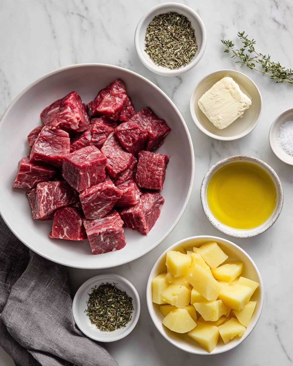 A top view of ingredients arranged on a white marbled surface, featuring a large white bowl in the center filled with dark red steak pieces with visible marbling. To the lower right, there is a white bowl with bright yellow potato chunks with skin on. Around these, smaller white bowls hold pale yellow butter, golden olive oil, chopped white garlic, light green dried oregano, faded green dried thyme, and a mix of salt and black pepper. A gray cloth is partially visible under some bowls. All items are neatly placed, showing a clear, clean, and simple arrangement. Photo taken with an iphone --ar 4:5 --v 7