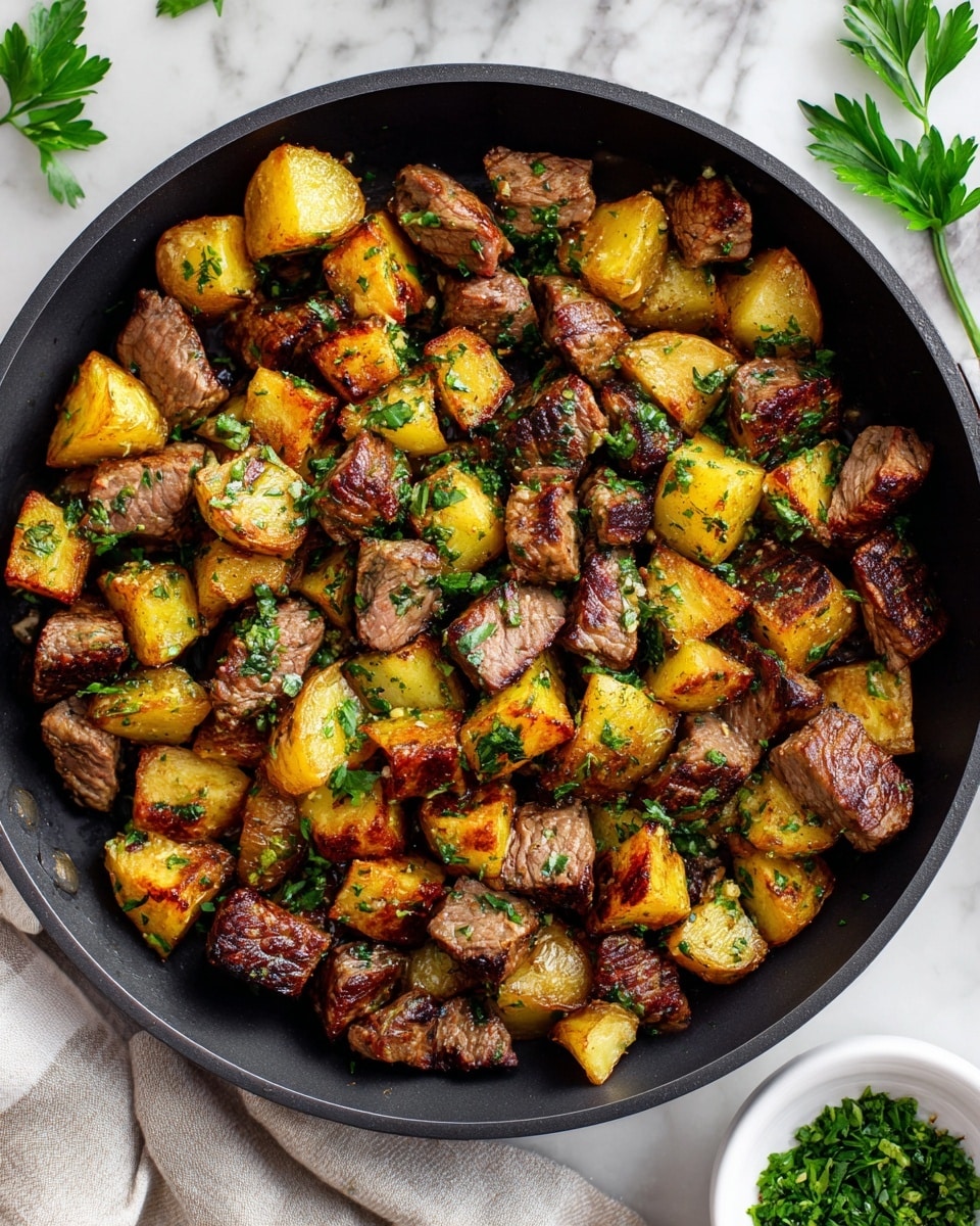 A black pan filled with browned, tender beef chunks mixed with golden roasted potato pieces, all sprinkled with small bits of fresh green parsley. The beef has a seared texture with a rich brown color, while the potatoes show a crispy, slightly uneven golden surface. The pan has silver handles and a wooden spoon resting on the right side with some potato pieces on it. The background is a white marbled surface with some green parsley pieces and a gray cloth nearby. photo taken with an iphone --ar 4:5 --v 7