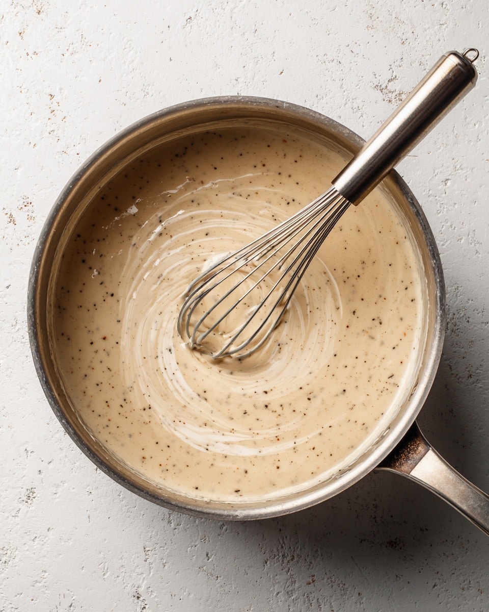 A large silver pot filled with a thick, creamy, pale beige sauce that has small black specks mixed in, showing a smooth texture with gentle swirls on the surface made by a metal whisk resting inside the pot, all placed on a white marbled surface. Photo taken with an iphone --ar 4:5 --v 7