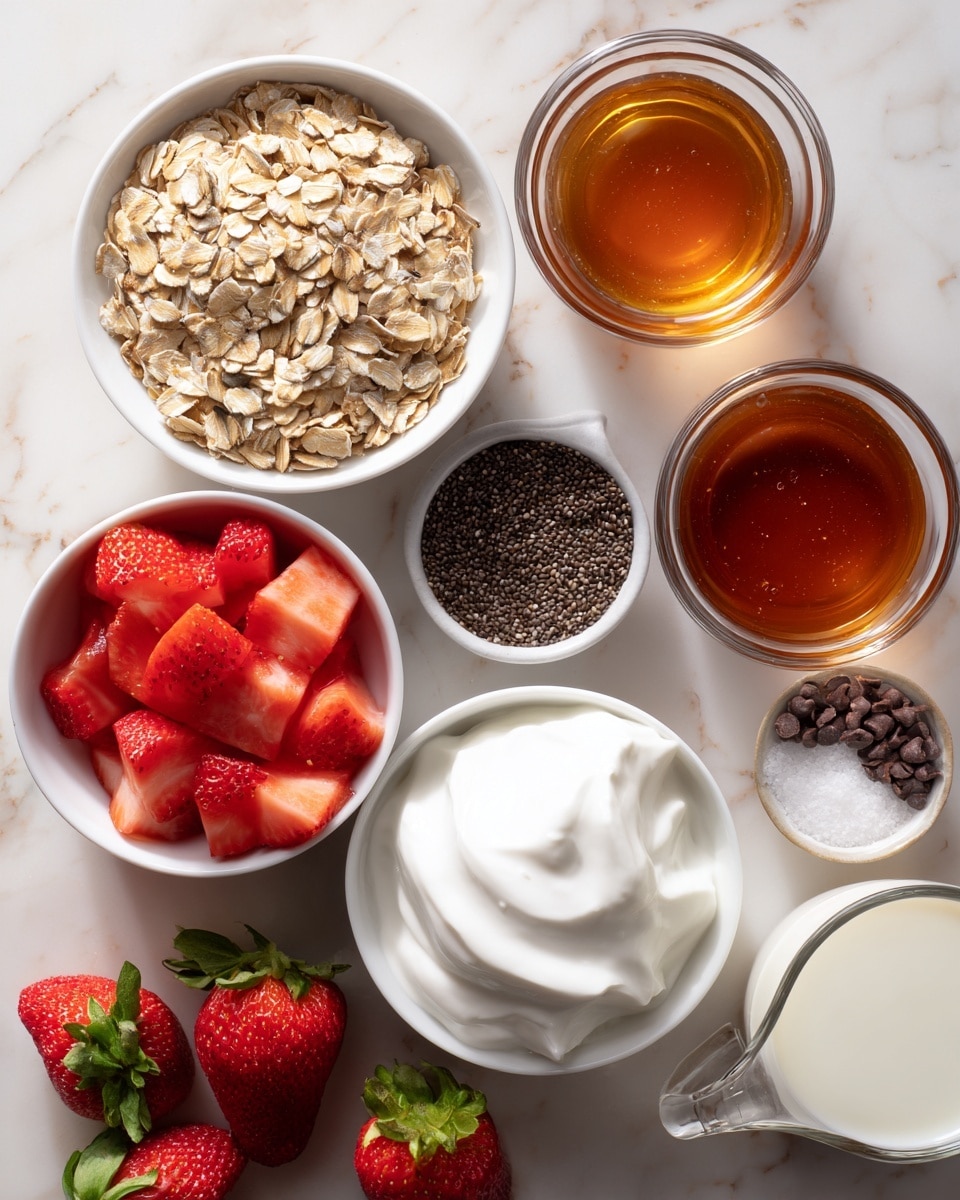 The image shows several small white bowls arranged on a white marbled surface. One bowl is filled with light brown rolled oats, showing a rough flat texture with many small flakes. Below it is a bowl with smooth, white plain Greek yogurt that has soft curvy peaks. Next to it is a bowl filled with red diced strawberries, glossy and fresh looking with uneven shapes. Another bowl contains tiny dark gray chia seeds, small and round. Nearby is a small clear bowl with a little salt, fine and powdery white. A small bowl holds mini dark brown chocolate chips, smooth and rounded. Above the oats bowl is a glass bowl with thick amber maple syrup that is shiny and translucent. In the corner is a clear glass pitcher filled with white milk, smooth and liquid. Scattered around are whole and sliced strawberries showing deep red color and green leafy tops. The scene is well lit, clean, and neatly arranged. photo taken with an iphone --ar 4:5 --v 7