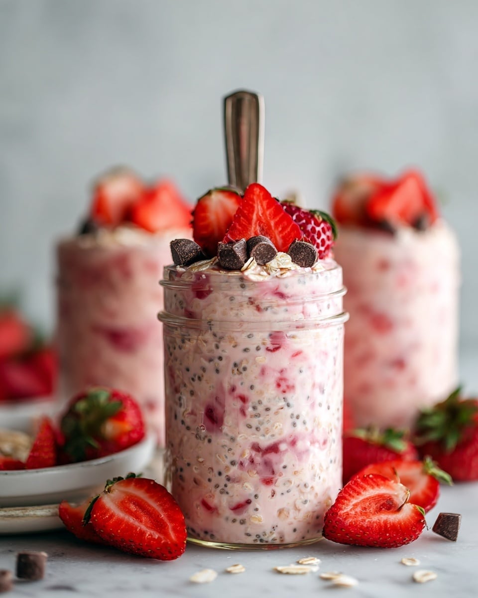 Three clear glass jars show layers of creamy oatmeal mixed with chia seeds and small fruit pieces inside. Each jar is topped with bright red diced strawberries and scattered small dark chocolate chips. The jars sit on a white marbled surface with fresh whole strawberries and oats spread around them. One jar is close to the front, showing the textured layers clearly, while the other two are slightly blurred in the background. The photo taken with an iphone --ar 4:5 --v 7