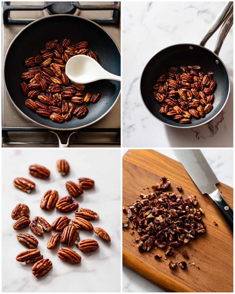 The image shows four stages of preparing pecans. The first two images are of a black frying pan on a gas stove with pecans spread over the pan’s surface; the pecans are medium brown and textured with natural ridges, and a white plastic spoon is resting inside the pan. The third image shows the pecans in a close-up view on a flat white marbled surface, revealing their rough, wrinkled texture and dark brown tones with some lighter edges. The fourth image shows a wooden cutting board with finely chopped pecans piled in the center, with a knife lying behind the chopped nuts against a clean white marbled background. Photo taken with an iphone --ar 4:5 --v 7