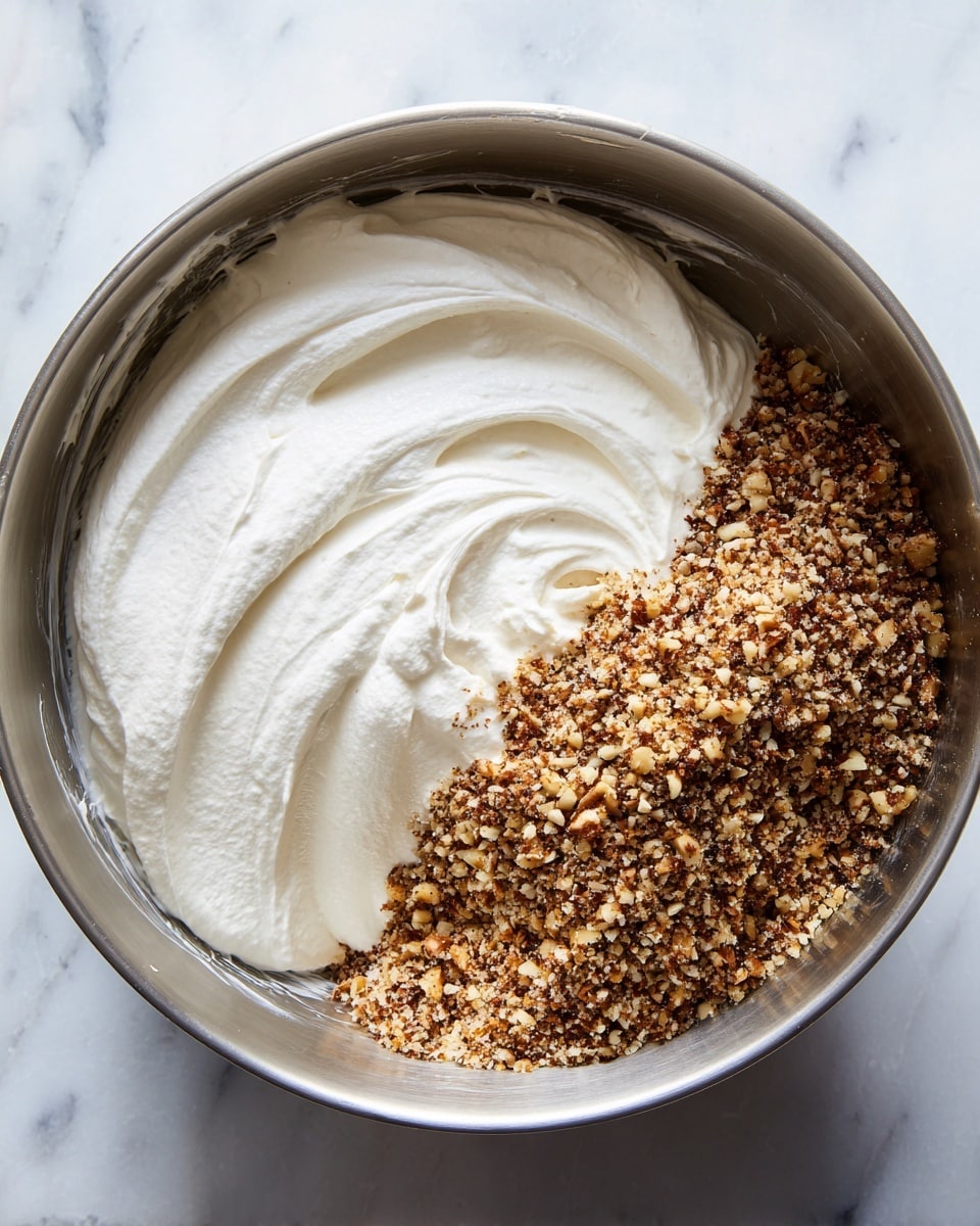 The image shows a close-up of a bowl with two main layers inside: on one side, there is a thick, smooth, white whipped cream with soft swirls and peaks, and on the other side, there is a pile of finely chopped nuts in a mix of light beige and dark brown colors, creating a textured contrast against the smooth cream. The bowl is silver and shiny, placed on a white marbled surface. Photo taken with an iphone --ar 4:5 --v 7
