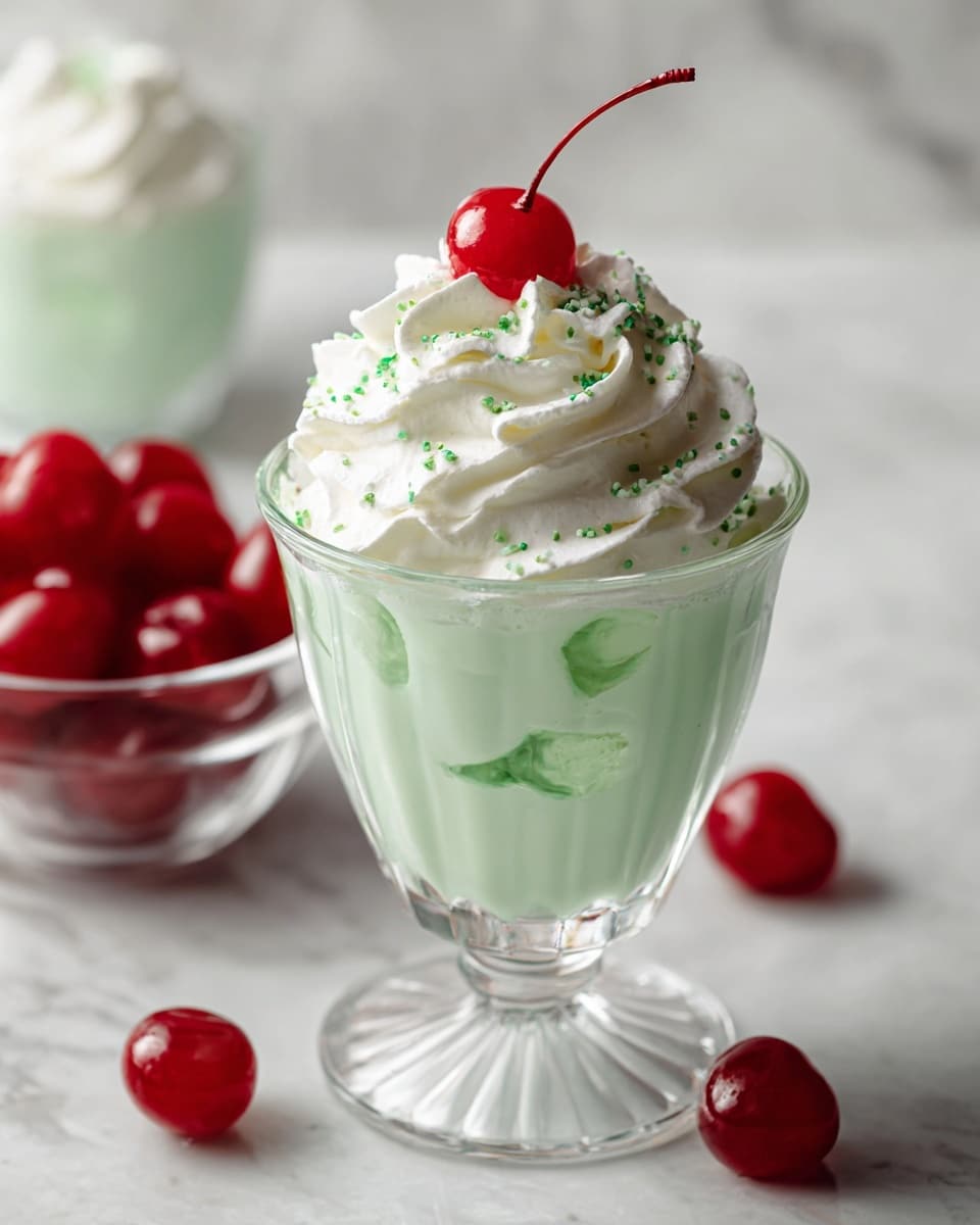 A clear glass cup with a short stem is filled with light green liquid that has a smooth texture and some ice cubes visible inside. On top, there is a thick layer of white whipped cream with a soft, swirled pattern, scattered with small green sprinkles. A single bright red cherry with a long stem sits at the highest point in the center of the whipped cream. The glass is placed on a surface with a white marbled texture, and in the background, there is a small clear bowl filled with more red cherries. photo taken with an iphone --ar 4:5 --v 7