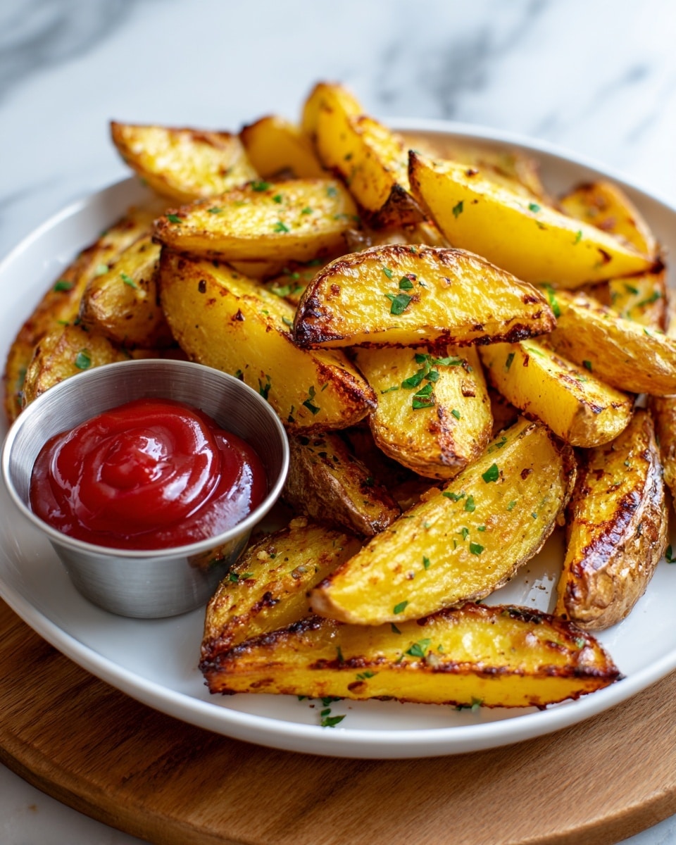 A white plate holds a pile of golden yellow potato wedges with brown edges and skin still on, seasoned with small green herb bits scattered on top; in the center at the bottom of the plate is a silver small round cup filled with shiny red ketchup. The plate is set on a white marbled surface with a round wooden board slightly visible underneath on the right side. photo taken with an iphone --ar 4:5 --v 7