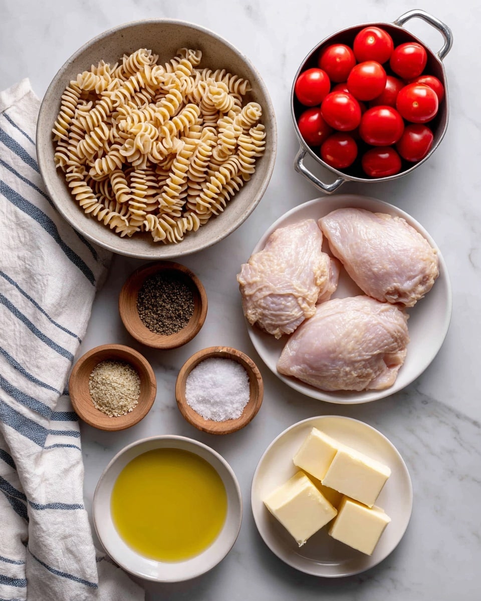 The image shows raw ingredients arranged neatly on a white marbled surface. There is a white bowl with two raw chicken pieces on the right side. Above it, there is a silver measuring cup filled with bright red cherry tomatoes. A gray bowl filled with light brown whole wheat rotini pasta is placed on the left side. Two small wooden bowls hold coarse black pepper and minced garlic next to the pasta and tomatoes. Below the chicken bowl, a small wooden bowl contains coarse white salt, and to its left, a white plate holds golden yellow olive oil. Another white bowl has three square pieces of pale yellow salted butter on the bottom right. A folded white cloth with thin navy blue stripes is on the far left side. photo taken with an iphone --ar 4:5 --v 7