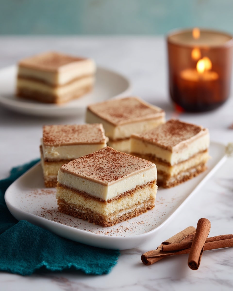 The image shows six square pieces of layered dessert on a white rectangular plate. Each piece has three layers: the top and bottom layers are light beige with a soft, cake-like texture, and the middle layer is a darker brown, slightly crumbly. The top layer has a smooth, light brown frosting with a matte finish. The plate is on a white marbled surface, with two cinnamon sticks and a dark teal cloth in the foreground. In the background, there is another white plate with a single piece of the dessert and a blurred, glowing candle in a brown glass holder. Photo taken with an iphone --ar 4:5 --v 7