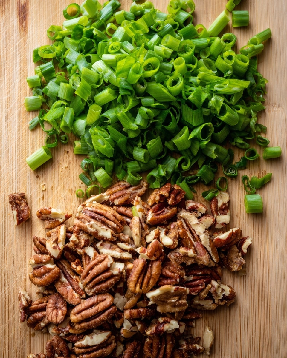 The image shows a wooden cutting board with two piles of chopped ingredients. At the top, there is a pile of bright green, finely sliced scallions with visible smooth, curved edges. Below that, there is a larger pile of broken pecan pieces, displaying a mix of brown tones with cream-colored interiors and a rough, textured surface. Both piles are arranged separately but close on the cutting board, which has a natural light brown wood grain. photo taken with an iphone --ar 4:5 --v 7