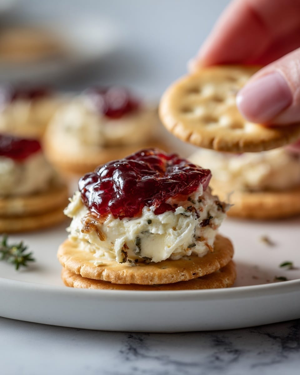 A close-up view of a small stack of two round, light golden crackers placed on a white plate on a white marbled surface. On top of the upper cracker sits a generous dollop of creamy, chunky spread with visible bits of light green and brown, covered with a smooth, shiny layer of deep red jelly. More crackers are scattered around the plate, and a woman’s hand holds another cracker in the background, slightly blurred. The scene is softly lit, highlighting the textures and colors vividly. photo taken with an iphone --ar 4:5 --v 7