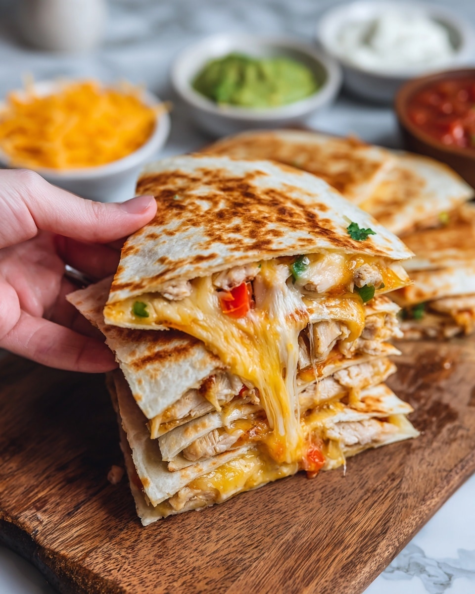 A woman's hand is holding a triangular slice of quesadilla with a golden-brown toasted flour tortilla. The slice shows layers inside consisting of melted light orange and white cheese stretching out, cooked light brown chicken pieces, and small bits of green and red bell peppers. The quesadilla is on a wooden cutting board with other slices around it. In the background, there are small white bowls with shredded cheese, green guacamole, and red salsa sauces, set on a white marbled surface. photo taken with an iphone --ar 4:5 --v 7