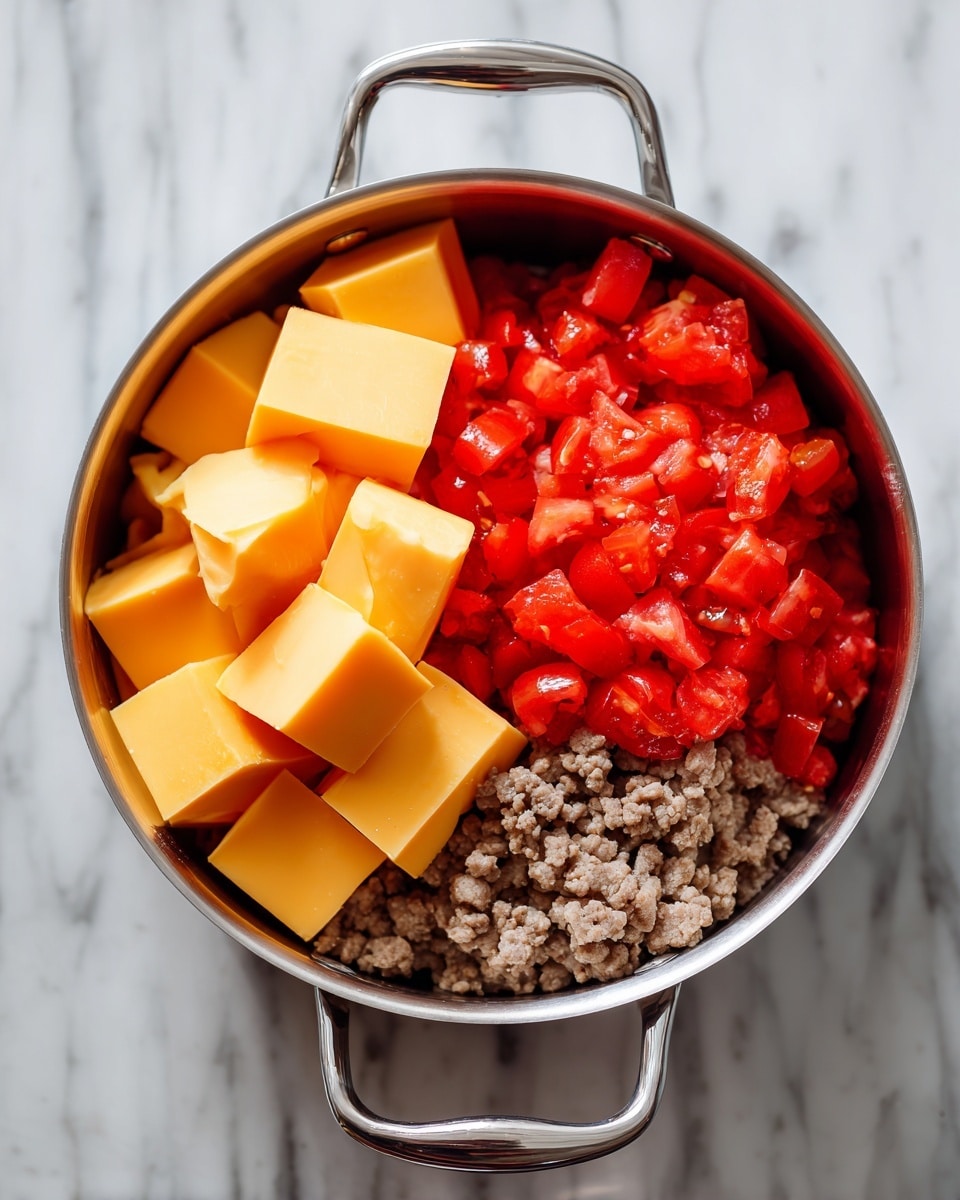 A shiny silver pot on a white marbled surface contains three main layers placed side by side inside it. On the left is a stack of several yellow-orange cheese blocks with a smooth texture, arranged loosely but stacked in a pile. Next to it, on the upper right, is a layer of chunky red diced tomatoes with visible juice and small seeds, looking slightly wet. The bottom right side holds a layer of cooked ground beef, brownish-gray in color, with a crumbly texture. The pot has two metal handles on each side, and the photo is clear and bright, showing all details well. photo taken with an iphone --ar 4:5 --v 7