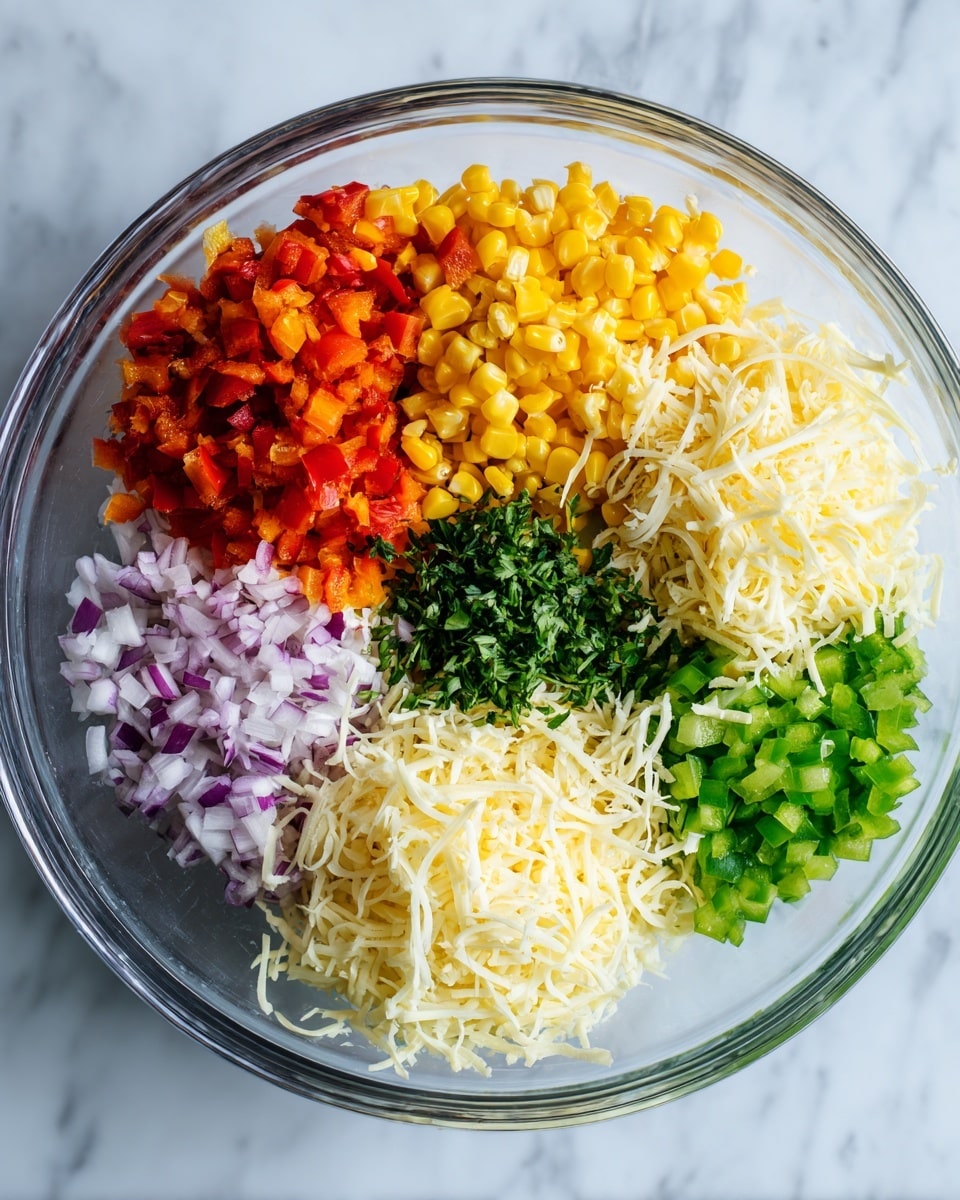A clear glass bowl sits on a white marbled surface, filled with six neatly separated layers of ingredients arranged in small piles. Starting at the top and moving clockwise, there is a heap of finely chopped red bell peppers with a bright orange-red color, yellow corn kernels that are small and round, a small pile of finely chopped fresh green herbs, finely chopped light purple onions, a generous mound of shredded pale yellow and white cheese, and finely chopped green bell peppers. The colors are vibrant and fresh, with a clear view of each ingredient's texture. photo taken with an iphone --ar 4:5 --v 7