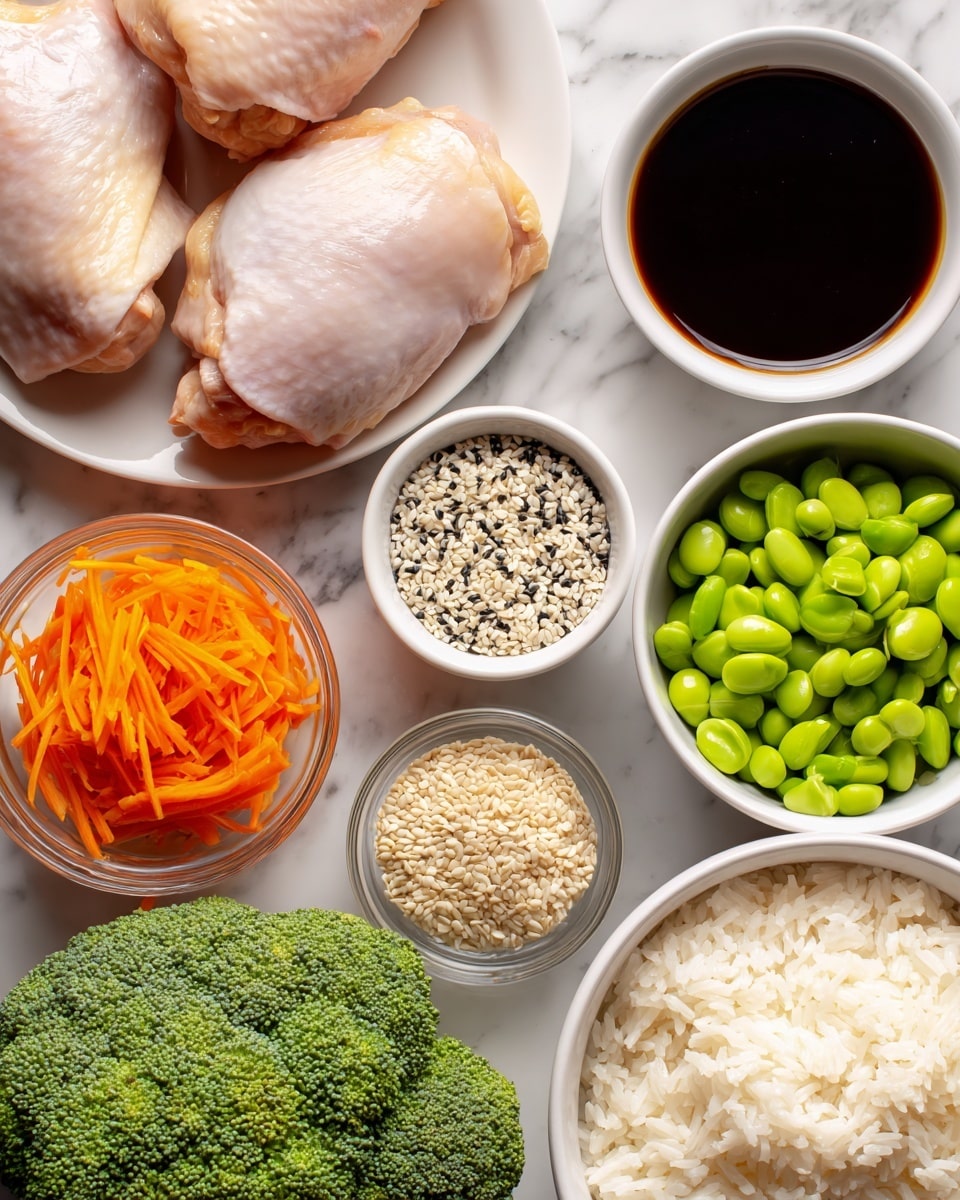 The image shows several cooking ingredients arranged neatly on a white marbled surface. At the top left, a white plate holds two raw chicken thighs with light pink skin and a smooth texture. To the top right of it, a small white bowl is filled with dark brown teriyaki sauce, glossy and thick. Below the sauce, a smaller white bowl contains a mix of white and black sesame seeds, tiny and round. To the left of the sesame seeds, there is a glass bowl filled with thin, bright orange pickled carrot strips. Next to the carrots, a white bowl full of vibrant green, smooth-edged edamame beans is placed. On the bottom left, a fresh green broccoli head with a rough textured surface and tight florets is shown. At the bottom right, a white bowl is filled with fluffy, white cooked rice with a soft and slightly rough texture. Photo taken with an iphone --ar 4:5 --v 7