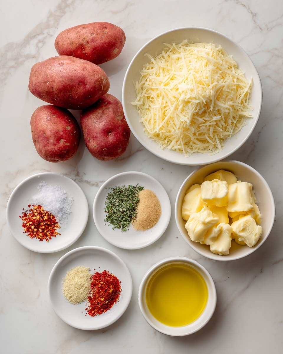 The image shows six main ingredients arranged on a white marbled surface. On the top left, there are three whole red-skinned potatoes. To their right is a white bowl filled with finely grated pale yellow parmesan cheese. Below the potatoes, on the left, is a small white plate holding three small piles of seasonings: coarse white salt, red chili flakes, and green dried parsley. Below it, another white plate holds four small piles of seasonings in red, beige, green, and light orange colors. To the right of the seasonings plates, there is a small white bowl filled with bright yellow olive oil. Below it, at the bottom right, is a white bowl with soft yellow butter scoops. All items are set on a clean, white marbled surface. photo taken with an iphone --ar 4:5 --v 7