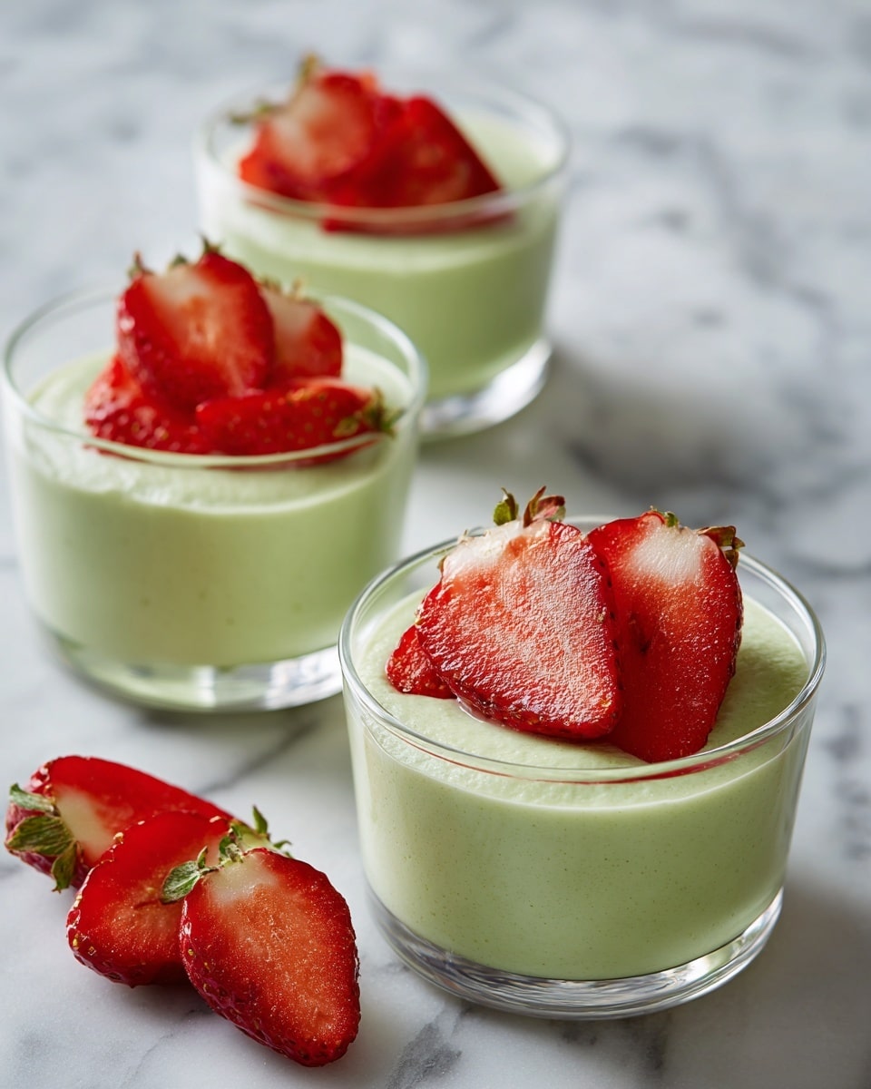 Three small clear glass cups are filled with a thick, pale green pudding that has a slightly bumpy texture. Each cup is topped with three bright red slices of fresh strawberry placed neatly on one edge. Two extra strawberry halves and one strawberry slice rest on the white marbled surface beside the cups. The scene is simple, fresh, and brightly lit. photo taken with an iphone --ar 4:5 --v 7