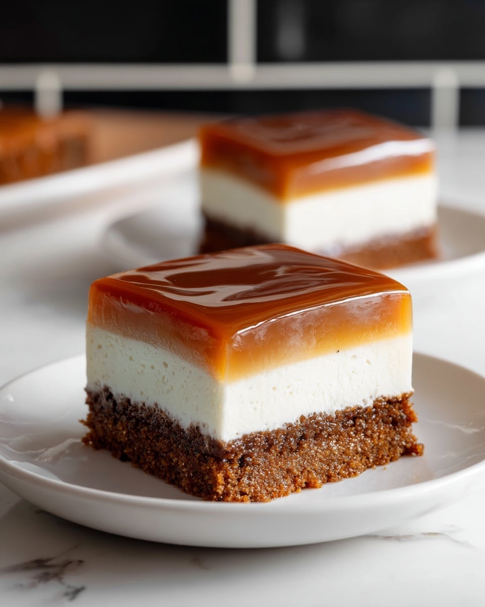 The image shows two square pieces of layered dessert on white plates. Each piece has three visible layers: the bottom layer is a dark brown, dense cake; the middle layer is thick, creamy, and white with a smooth texture; the top layer is a shiny caramel-colored glaze with a slightly glossy finish. The cakes are placed on a white marbled surface with a black tiled wall in the background. The focus is on the dessert in the front with the second piece softly blurred behind it. photo taken with an iphone --ar 4:5 --v 7