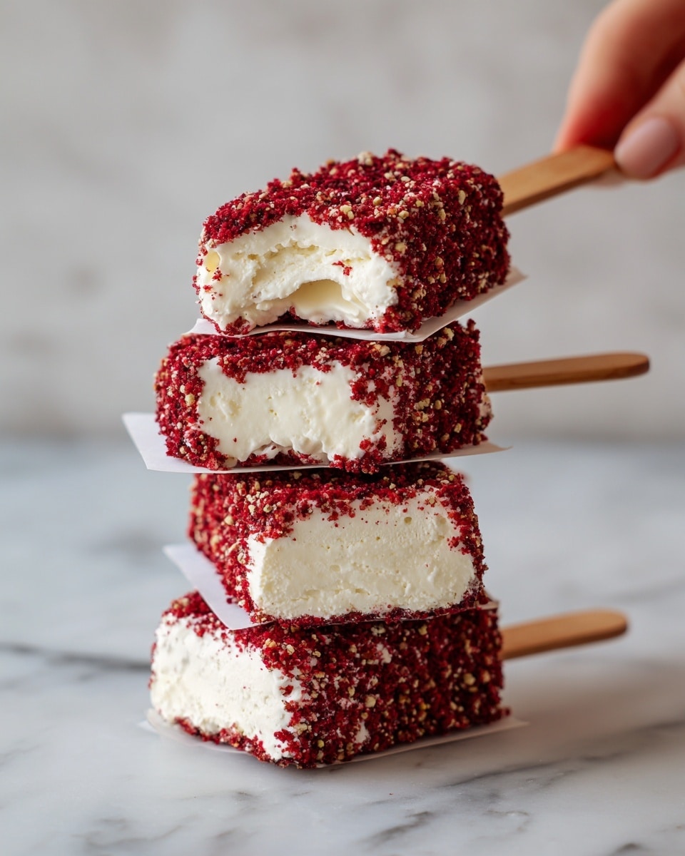 The image shows a stack of four ice cream bars with a rough, crumbly coating of red and light brown crumbs on a wooden stick. The ice cream inside is white and creamy, visible where the top bar has a bite taken out. Thin white paper pieces separate each bar in the stack, and the stack sits on a white marbled surface. In the second image, a woman's hand holds one bar with the bites clearly showing the white ice cream inside and the textured red crumb outer layer. The background is also a white marbled texture. Photo taken with an iphone --ar 4:5 --v 7