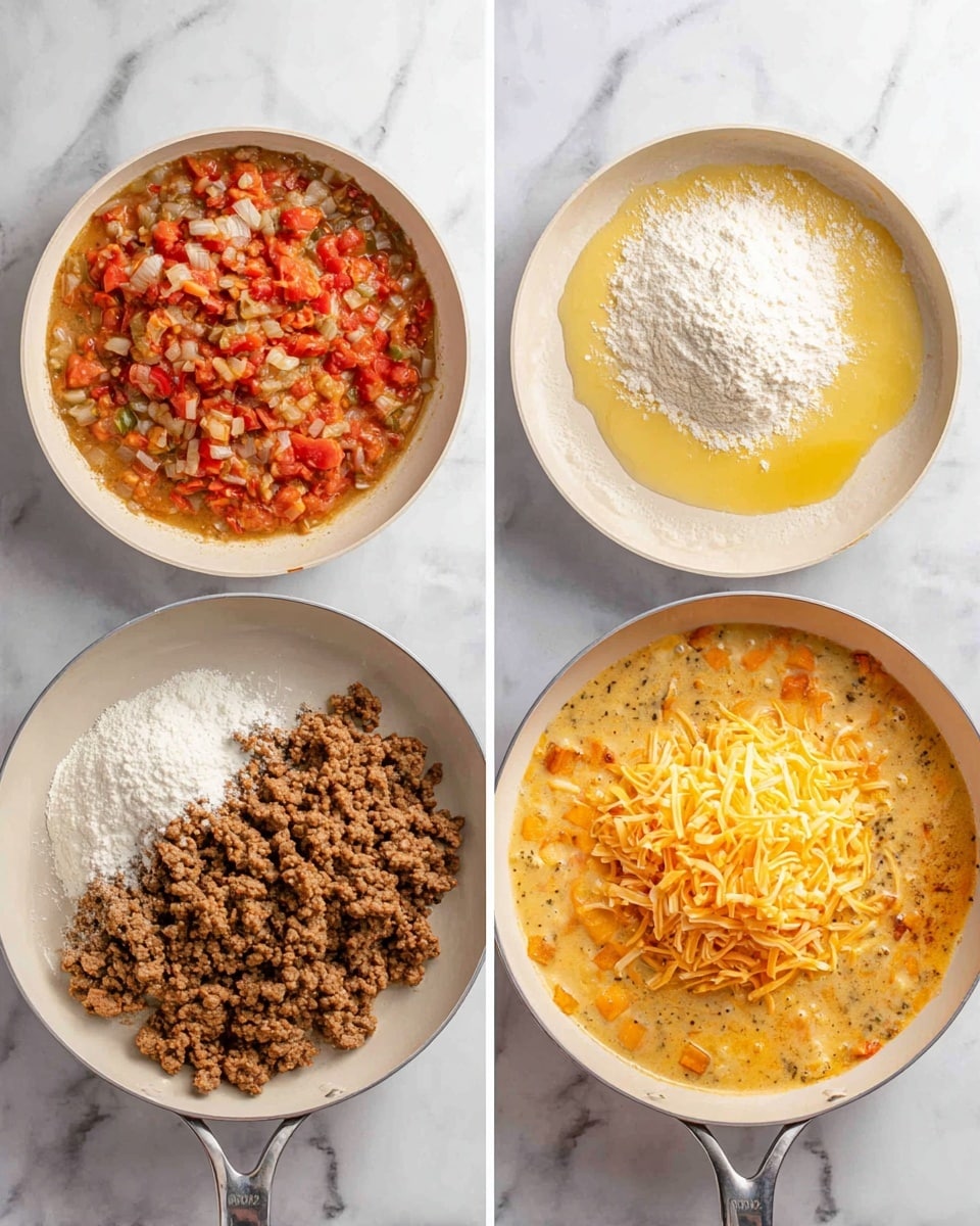 The image shows three side-by-side shots of a white pan on a white marbled surface. The first shot has a base layer of chunky red and green vegetable broth with diced onions and tomatoes, topped with a layer of cooked ground meat that is brown and crumbly in the center. The second shot features melted butter with a yellow and creamy texture spread unevenly in the pan, and a pile of white flour resting mainly on the left side. The third shot shows a bubbling mixture in the pan, with a base of light orange creamy sauce, small bits of vegetables, and a large pile of shredded orange cheese centered on top, partially melting into the sauce. photo taken with an iphone --ar 4:5 --v 7
