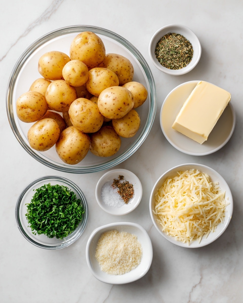 A glass bowl filled with round baby gold potatoes sits on a white marbled surface, surrounded by six small white and clear bowls arranged in a loose circle. The top right has a white bowl with a rectangular block of pale yellow butter. The other bowls contain finely chopped garlic, bright green parsley, mixed dried Italian seasoning, coarsely ground black pepper, coarse white salt, and a white bowl filled with grated light yellow parmesan cheese. Each ingredient is clearly separated and shown in simple, clean containers. photo taken with an iphone --ar 4:5 --v 7