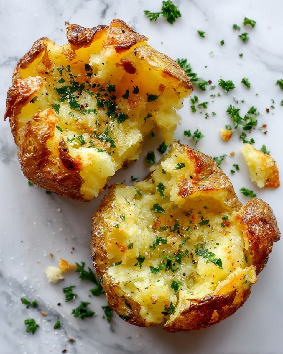 The image shows two smashed baked potatoes with golden brown crispy edges and soft, fluffy yellow inside. They are sprinkled with finely chopped green herbs, likely parsley, and small bits of melted garlic that have browned slightly. The potatoes have some black pepper specks and a crispy texture on the outside skin, while the inside looks tender and well-cooked. There are small pieces of herbs and garlic scattered on a white marbled surface around the potatoes, enhancing the rustic and fresh feel. photo taken with an iphone --ar 4:5 --v 7