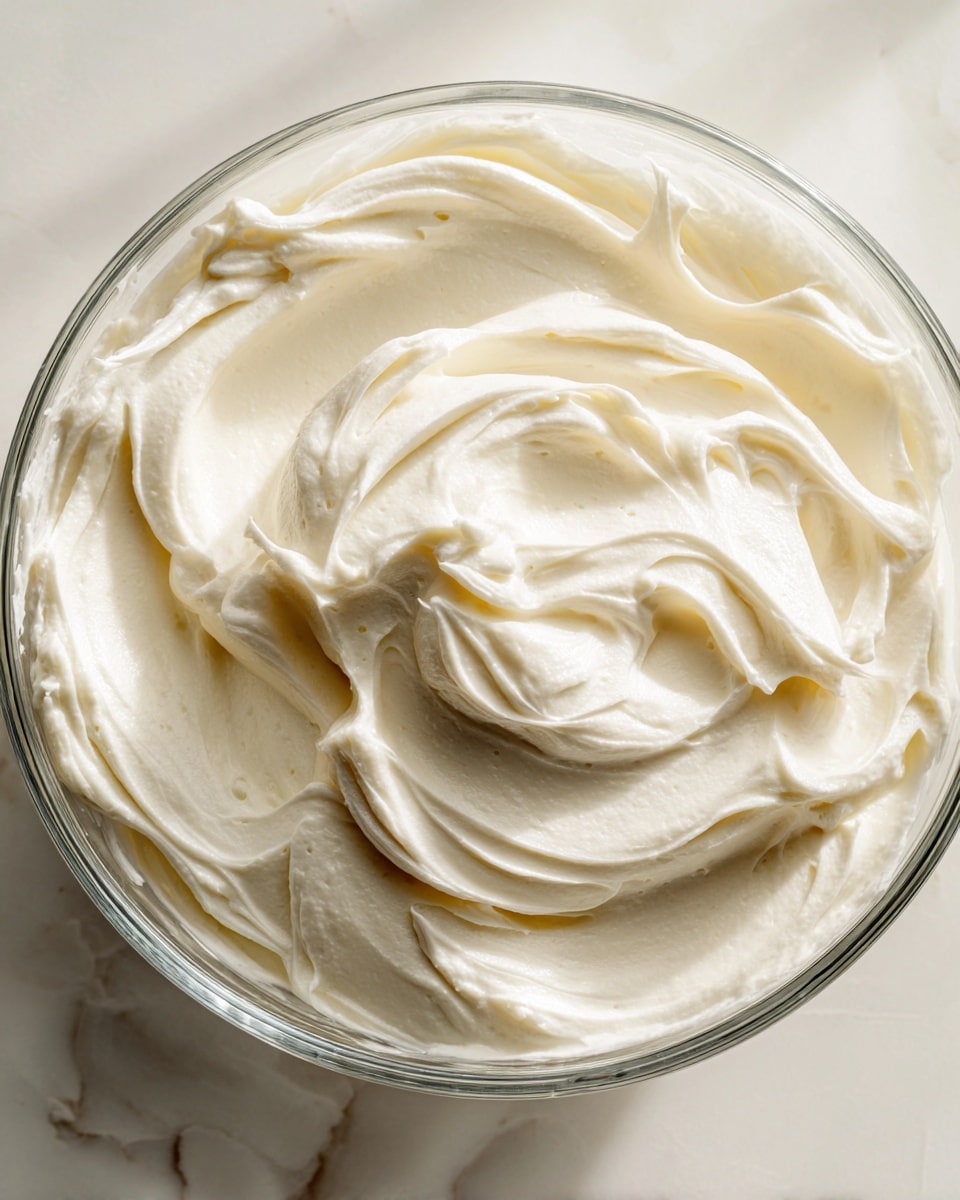 A close-up view of a bowl containing smooth, creamy white frosting with soft swirls and a glossy texture, showing gentle peaks and ridges. The bowl is clear glass, placed on a white marbled surface. The light softly highlights the creamy texture, emphasizing its thick and fluffy consistency. Photo taken with an iphone --ar 4:5 --v 7