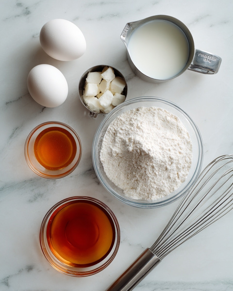 A top-down view of baking ingredients arranged neatly on a white marbled surface, including two white eggs on the top left, a metal measuring cup filled with a white liquid on the top right, a metal measuring cup holding small white curds below the eggs, and a small clear glass bowl with a brown liquid next to it; in the center bottom, there is a clear glass bowl filled with white flour, and to the right of it a metal whisk lying flat. photo taken with an iphone --ar 4:5 --v 7