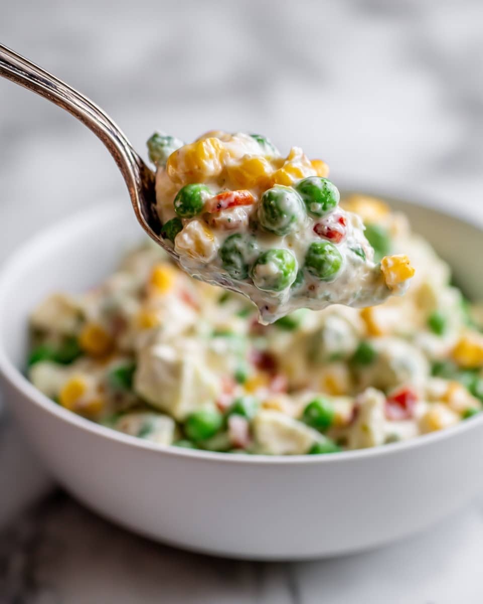The image shows a close-up of a spoon lifting a mix of creamy salad from a white bowl. The salad has visible layers with bright green peas, small yellow corn pieces, and tiny red and orange bits mixed evenly in a thick white creamy sauce. The background is softly blurred with more of the salad inside the white bowl, sitting on a white marbled surface. The colors are fresh and vibrant, showing the texture of the peas as smooth and round, and the creamy dressing as thick and coating the ingredients evenly. photo taken with an iphone --ar 4:5 --v 7