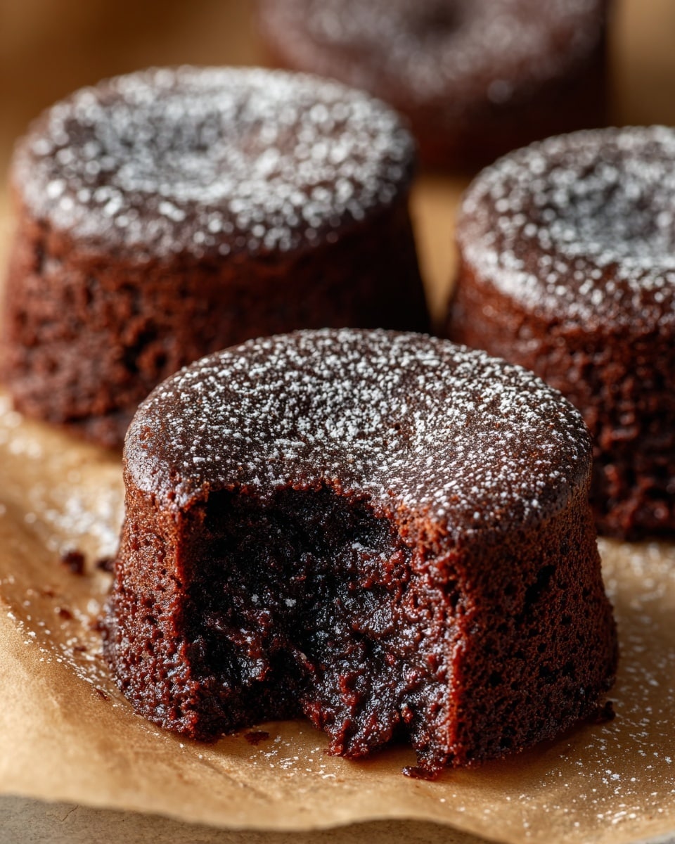 The image shows close-up of three small, round chocolate cakes with one placed at the front that has a bite taken out of it, revealing a dense and moist dark brown inside. The cakes have a slightly cracked surface with a thin layer of powdered sugar or light frosting dusted unevenly on top, giving a frosty matte finish. They rest on a light brown parchment paper, which contrasts with the dark texture and color of the cakes. Photo taken with an iphone --ar 4:5 --v 7