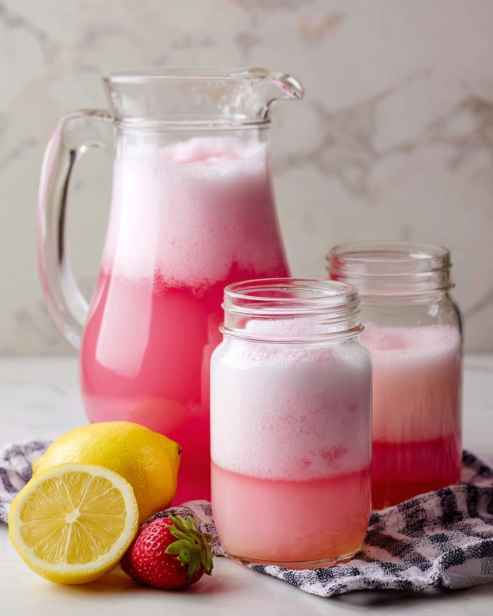 A large clear glass pitcher filled with a pink frothy liquid with foam layers on top, showing light and airy texture, sitting behind two clear glass jars also filled with the same pink frothy drink, each jar showing a gradient from deeper pink at the bottom to lighter foamy layers at the top. In front of the jars, there is a half-cut bright yellow lemon and one red strawberry with green leaves. The background is a white marbled texture with a black and white checkered cloth partially visible under the pitcher and jars. Photo taken with an iphone --ar 4:5 --v 7